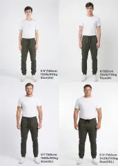 Size guide for ItalyMorn men's army green jogger pants, featuring four models wearing sizes XS, M, XL, and 3XL to show the true fit across different body shapes and heights