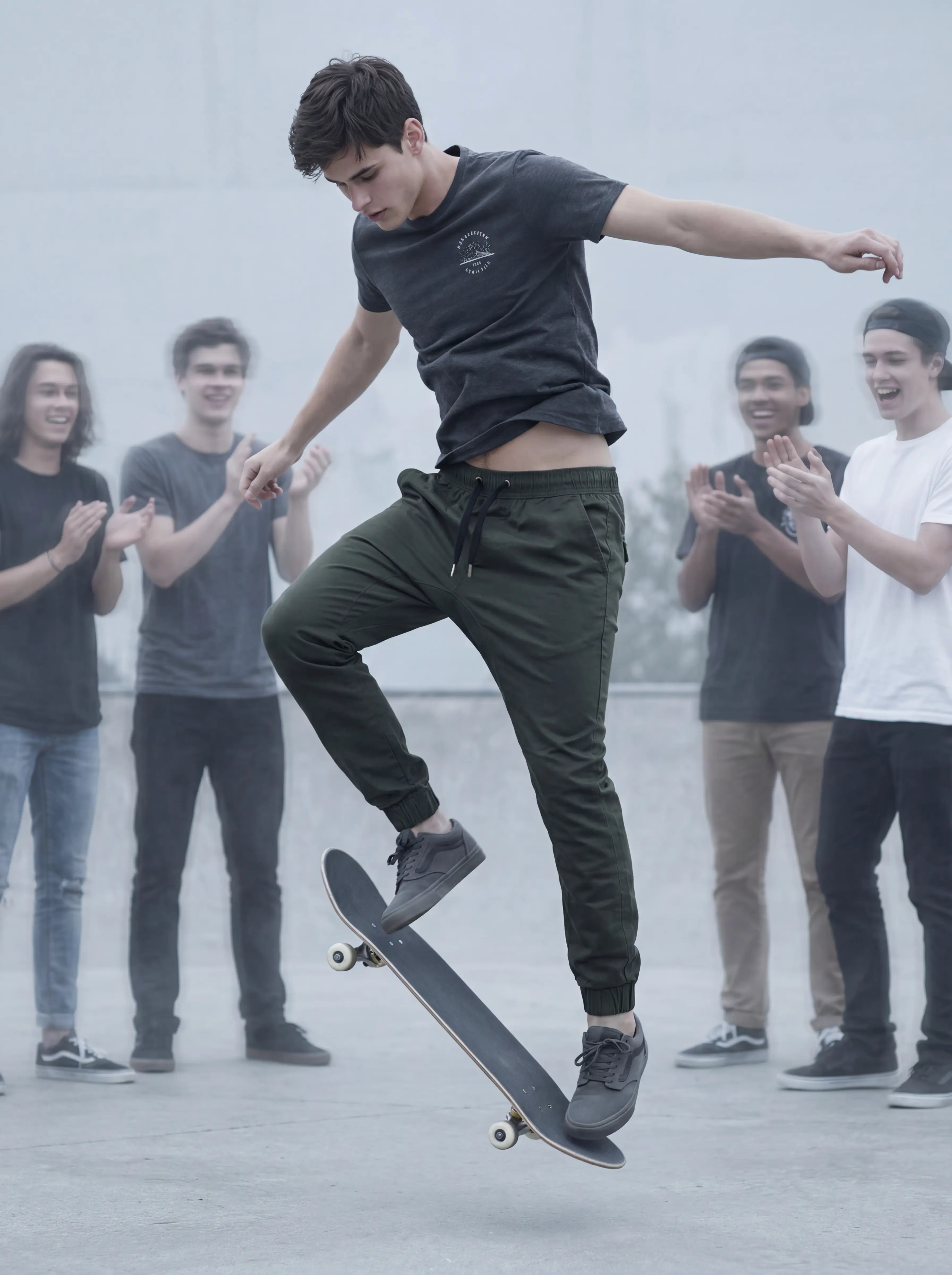 A young man performing a skateboard trick at a skatepark wearing ItalyMorn men's army green jogger pants, illustrating the high flexibility and durable construction perfect for action sports
