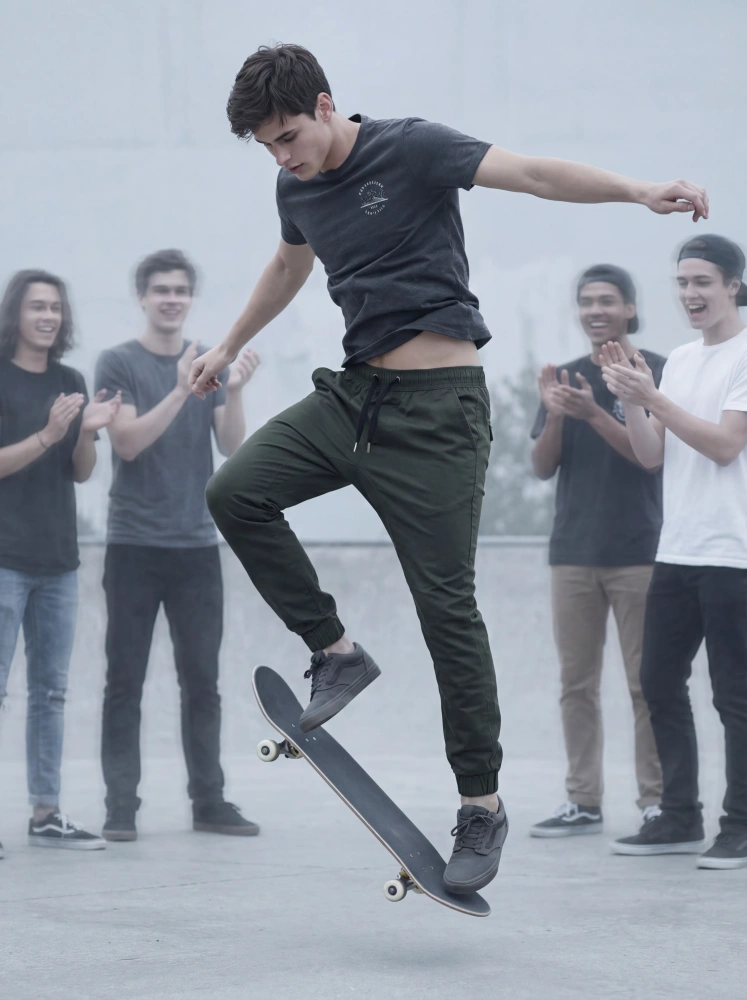 A young man performing a skateboard trick at a skatepark wearing ItalyMorn men's army green jogger pants, illustrating the high flexibility and durable construction perfect for action sports