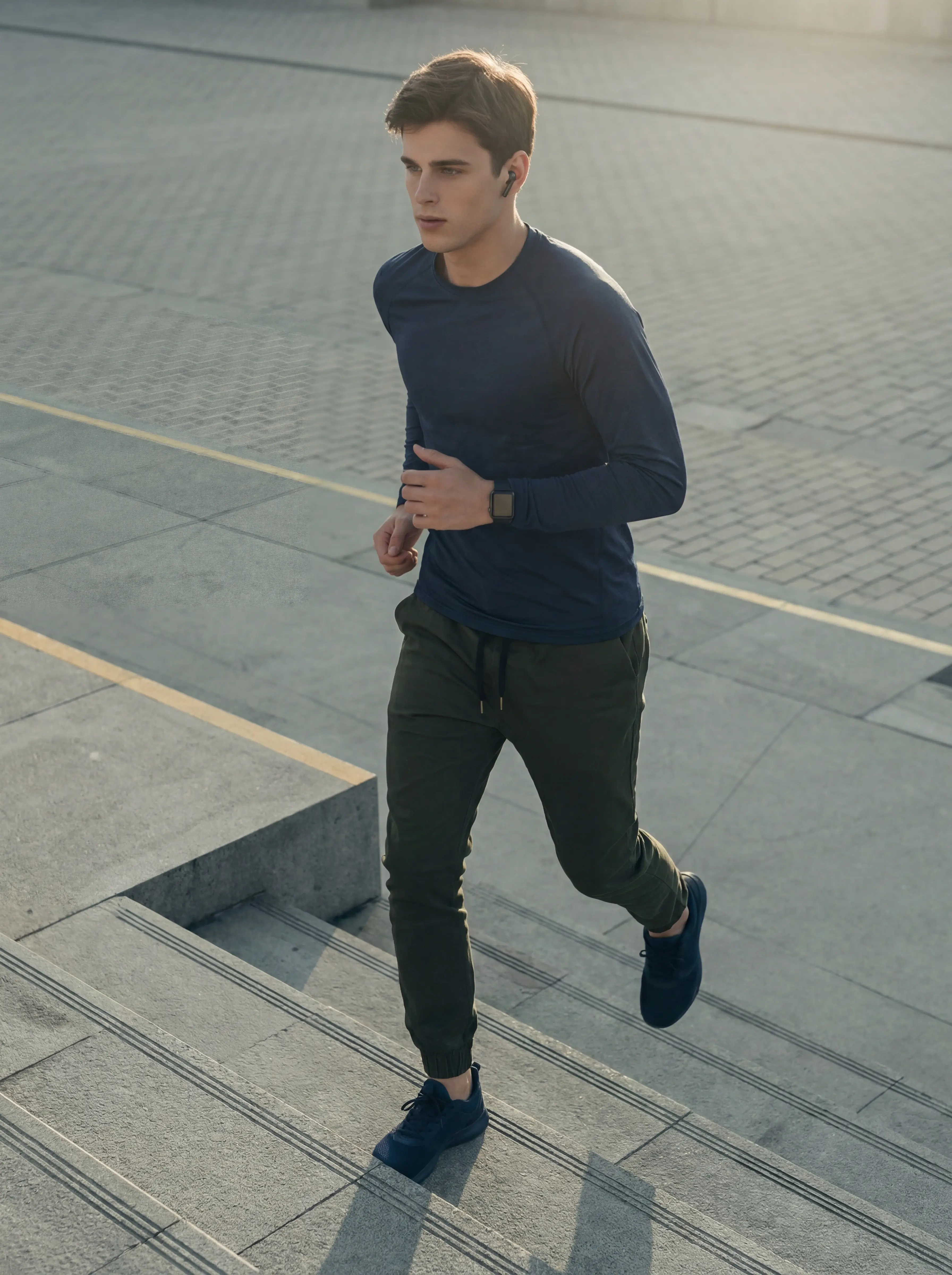 A man running up outdoor steps wearing ItalyMorn men's army green jogger pants, showcasing the fabric's stretch and breathability for urban workouts and active lifestyles