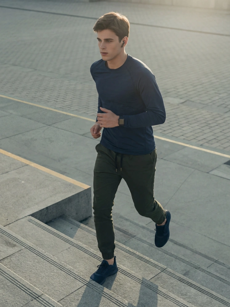 A man running up outdoor steps wearing ItalyMorn men's army green jogger pants, showcasing the fabric's stretch and breathability for urban workouts and active lifestyles