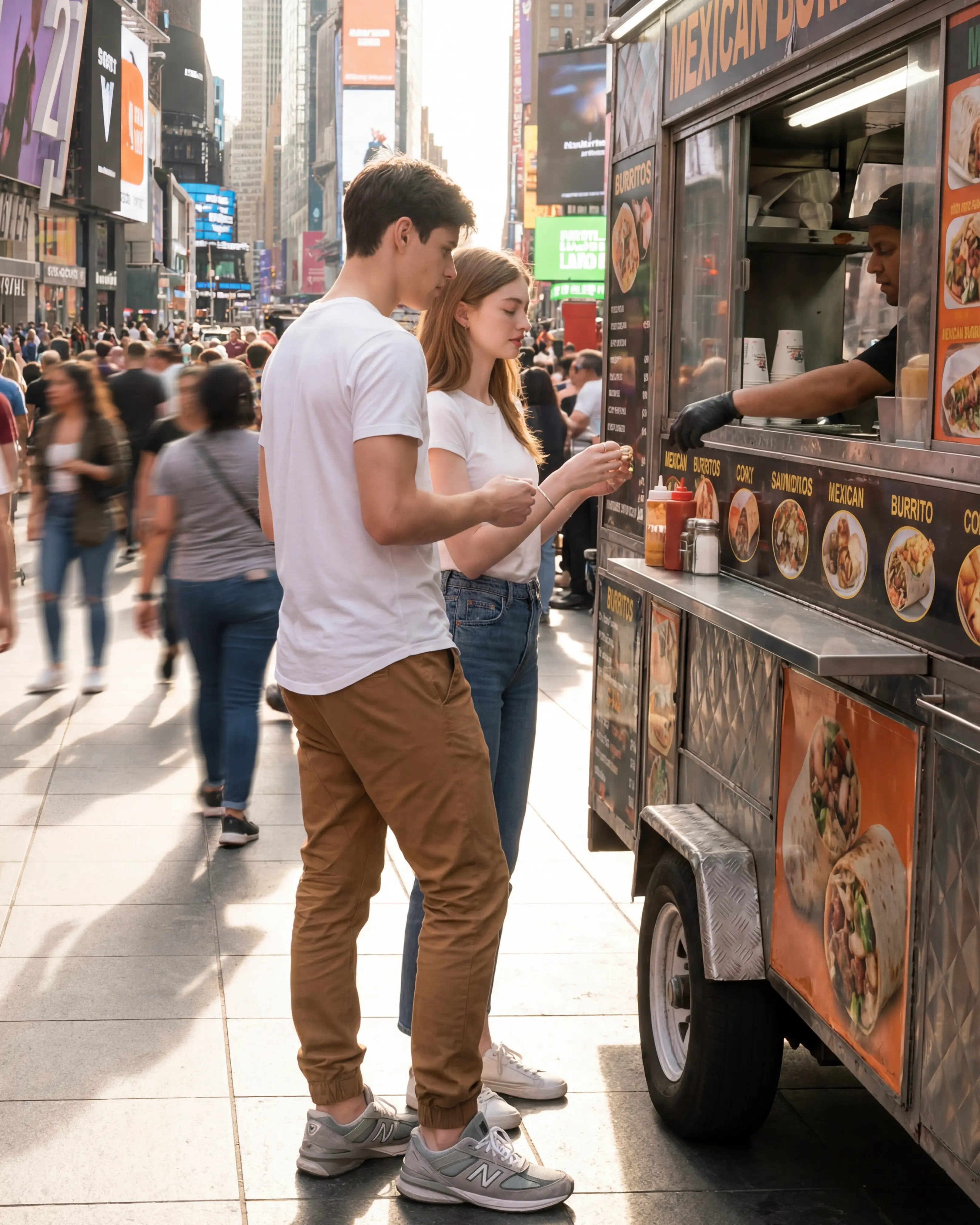 A young couple ordering food at a Mexican food truck in a busy city square (like Times Square). The man is wearing a white t-shirt and ItalyMorn men's brown jogger pants, illustrating a comfortable and stylish outfit for casual city outings