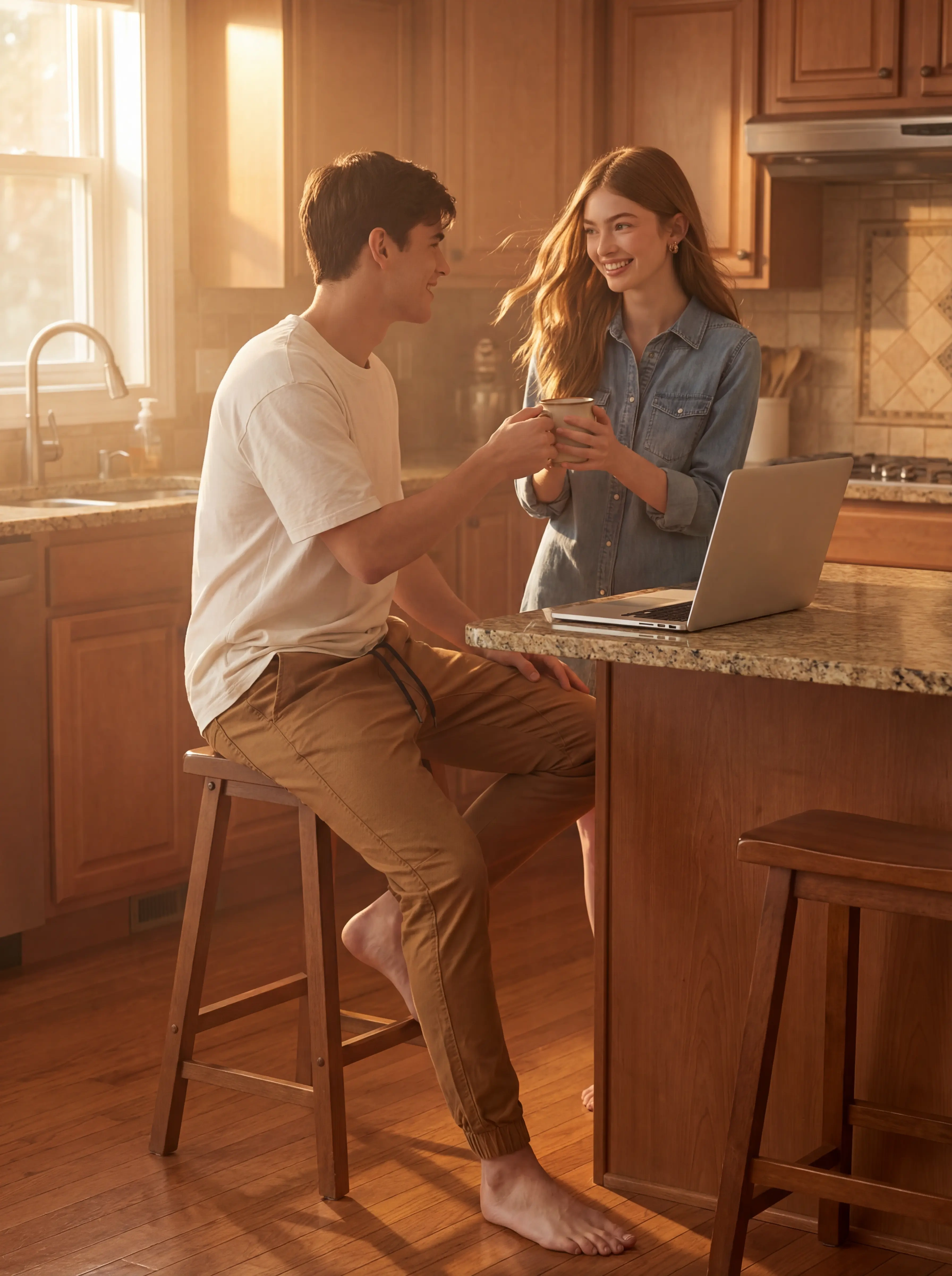 A man sitting on a kitchen stool, smiling and holding a mug while looking at a laptop with his partner. He is comfortably dressed in a white t-shirt and ItalyMorn men's brown jogger pants, showcasing the pants' comfort for relaxed home lifestyle settings