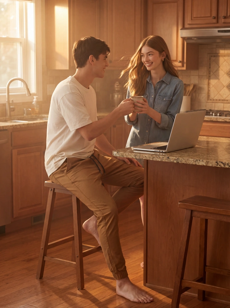 A man sitting on a kitchen stool, smiling and holding a mug while looking at a laptop with his partner. He is comfortably dressed in a white t-shirt and ItalyMorn men's brown jogger pants, showcasing the pants' comfort for relaxed home lifestyle settings