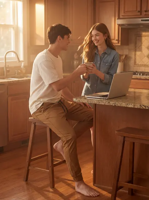 A man sitting on a kitchen stool, smiling and holding a mug while looking at a laptop with his partner. He is comfortably dressed in a white t-shirt and ItalyMorn men's brown jogger pants, showcasing the pants' comfort for relaxed home lifestyle settings