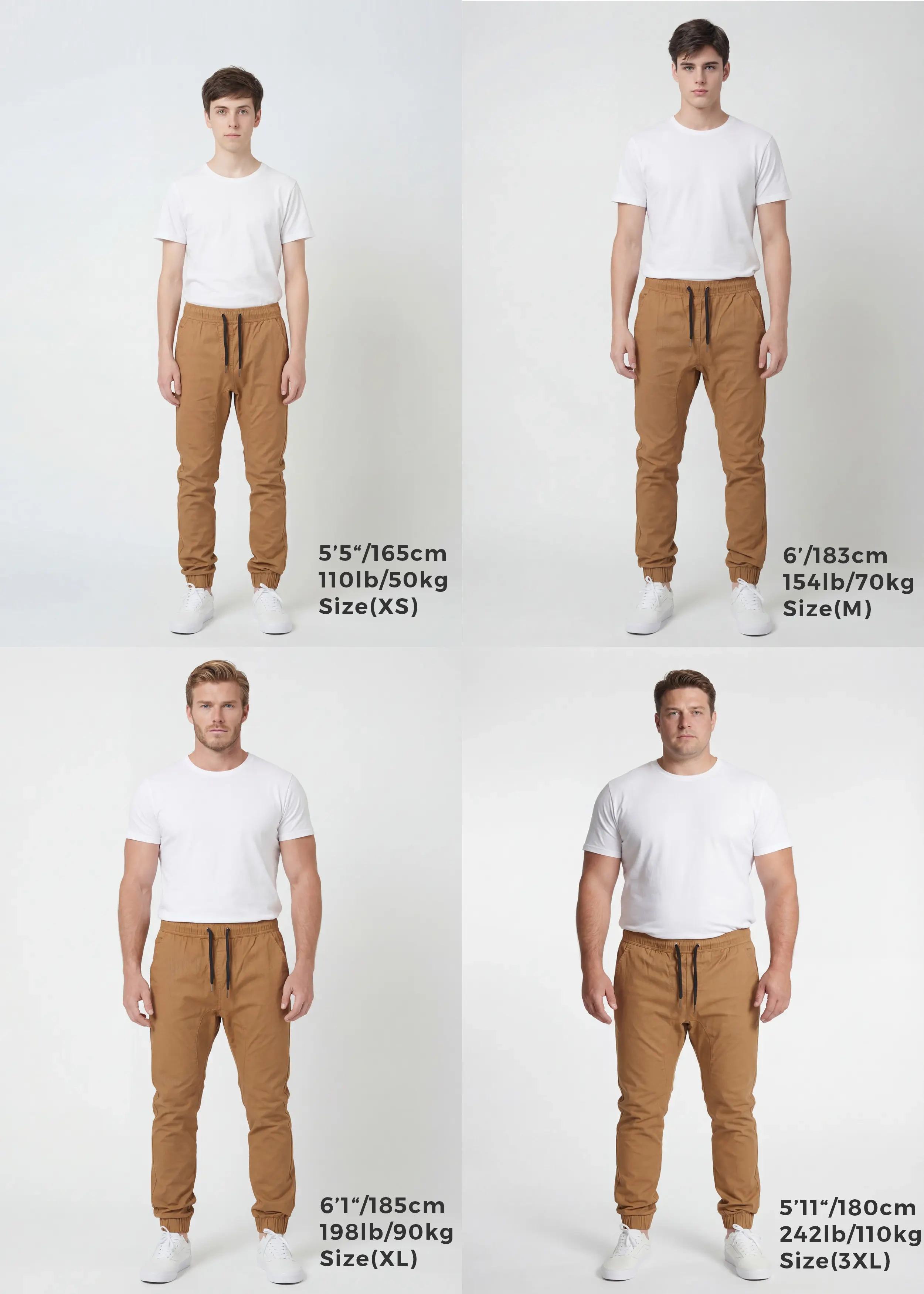 Size guide for ItalyMorn men's brown jogger pants, featuring four male models of varying heights (5'5", 6', 6'1", 5'11") and weights (110lb, 154lb, 198lb, 242lb) wearing sizes XS, M, XL, and 3XL. They are dressed in white t-shirts and sneakers to demonstrate the consistent fit across different body shapes