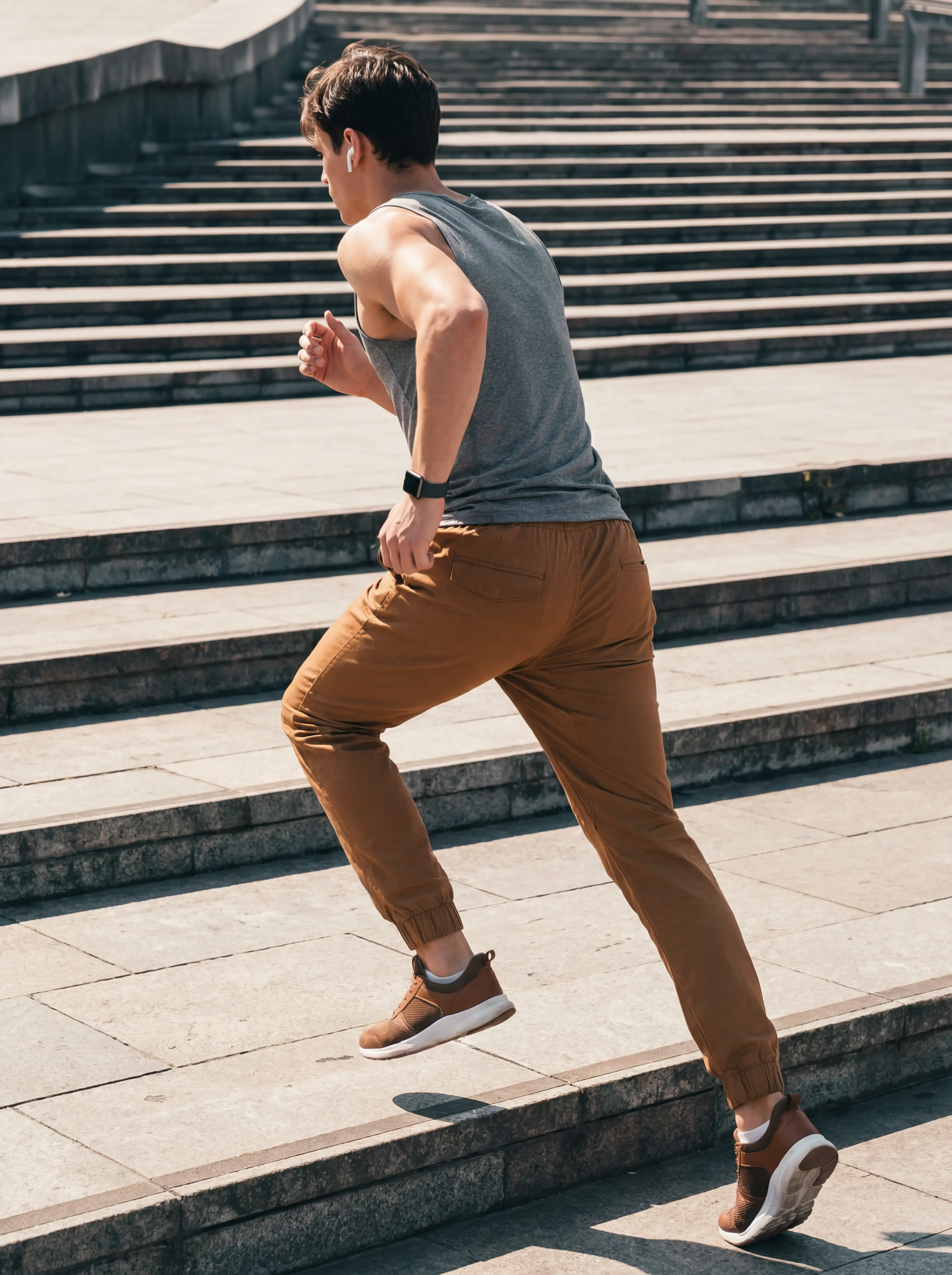 A male model running up stone stairs in a city, wearing a grey tank top and ItalyMorn men's brown jogger pants. This action shot demonstrates the pants' excellent stretch and flexibility for athletic movements