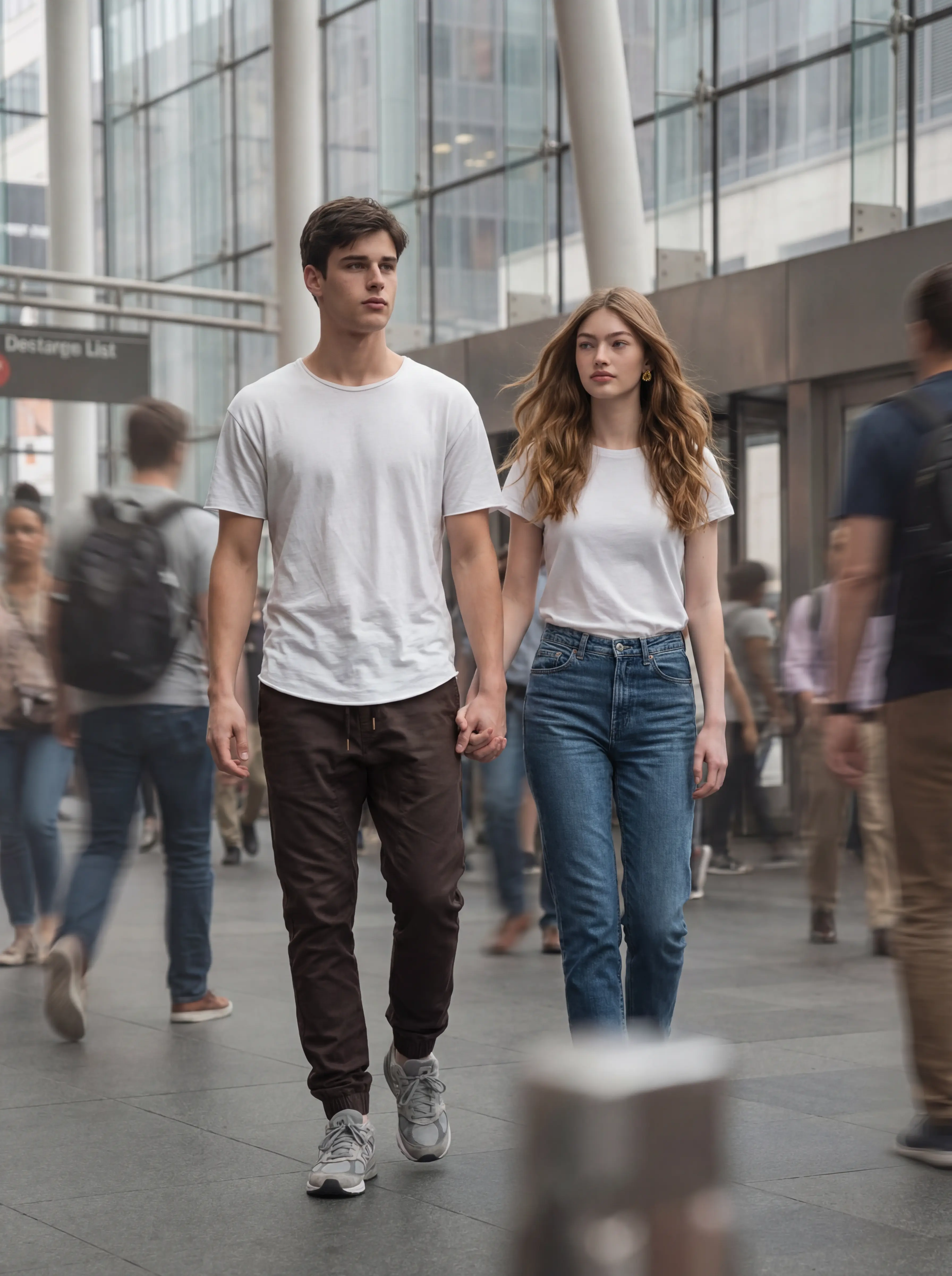 A man walking through a bright, modern transit station wearing a casual white t-shirt and ItalyMorn men's coffee brown jogger pants, demonstrating a stylish and relaxed everyday lifestyle outfit.