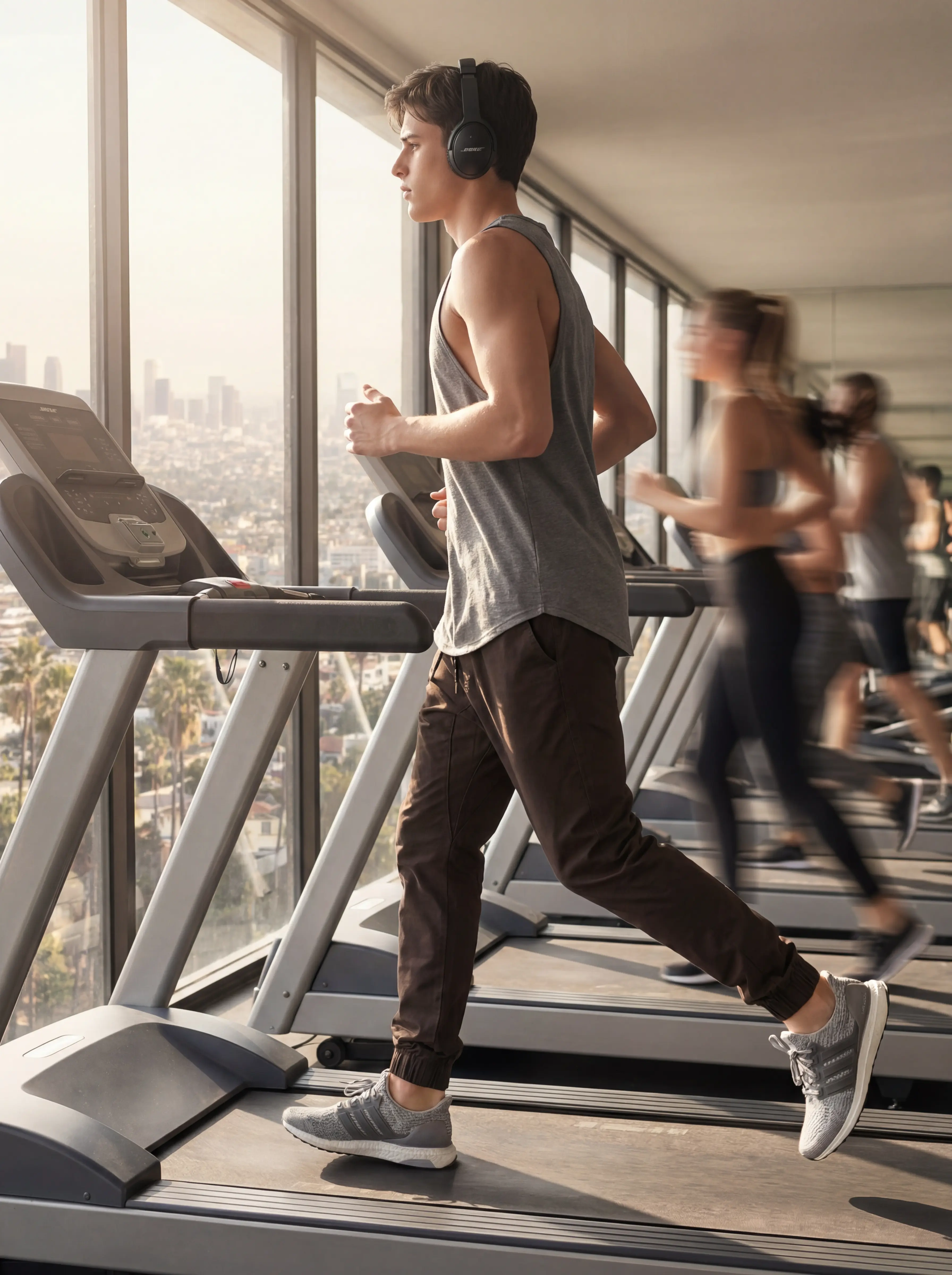  A man running on a treadmill in a high-rise gym wearing ItalyMorn men's coffee brown jogger pants, illustrating the pants' high flexibility and performance for indoor fitness training