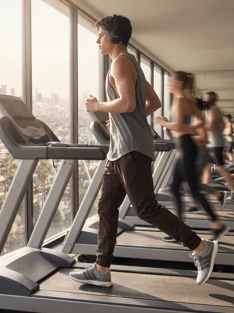  A man running on a treadmill in a high-rise gym wearing ItalyMorn men's coffee brown jogger pants, illustrating the pants' high flexibility and performance for indoor fitness training