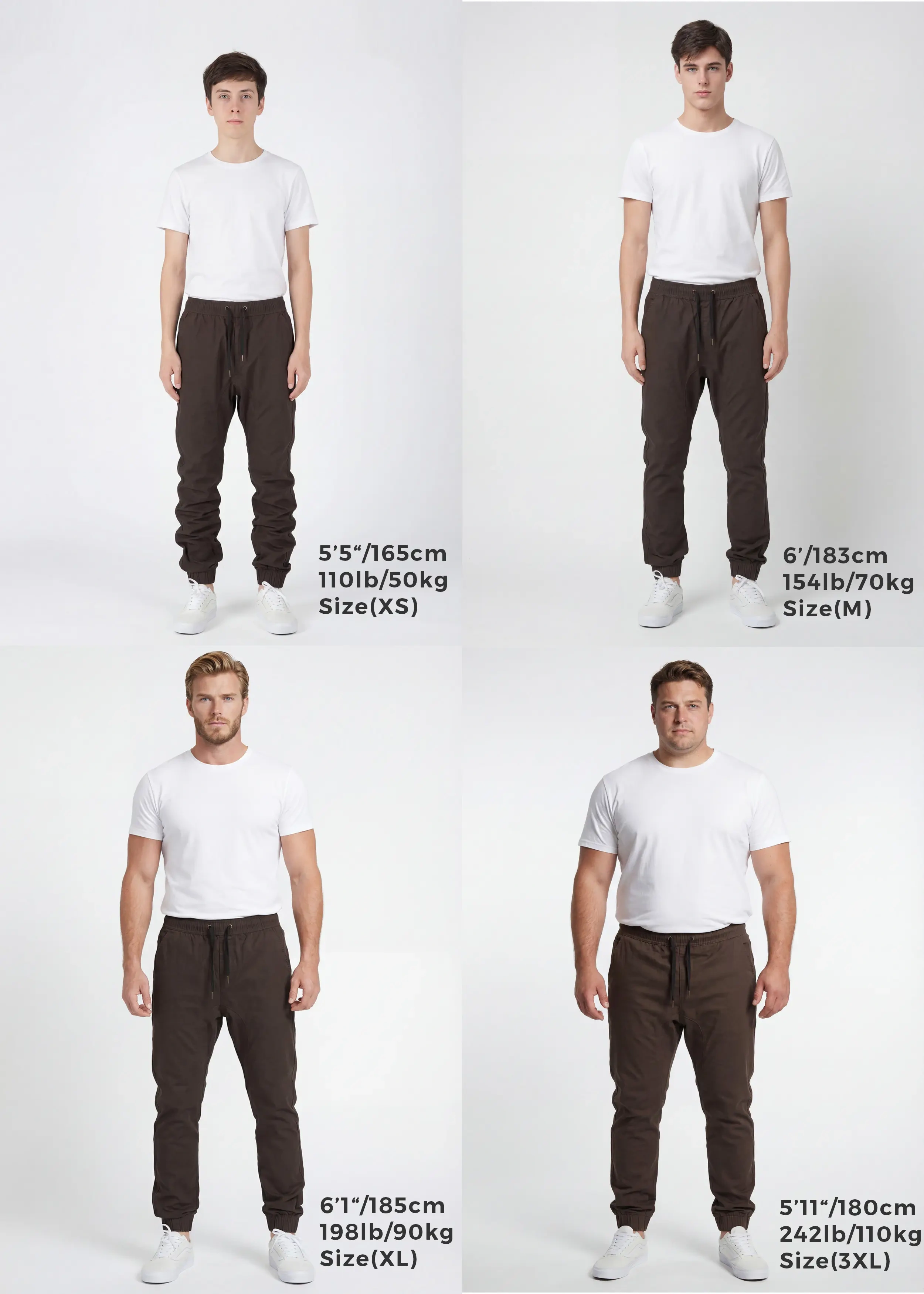 Size guide for ItalyMorn men's coffee brown jogger pants, showing four male models in sizes XS, M, XL, and 3XL to demonstrate the accurate slim fit for varying heights and body types