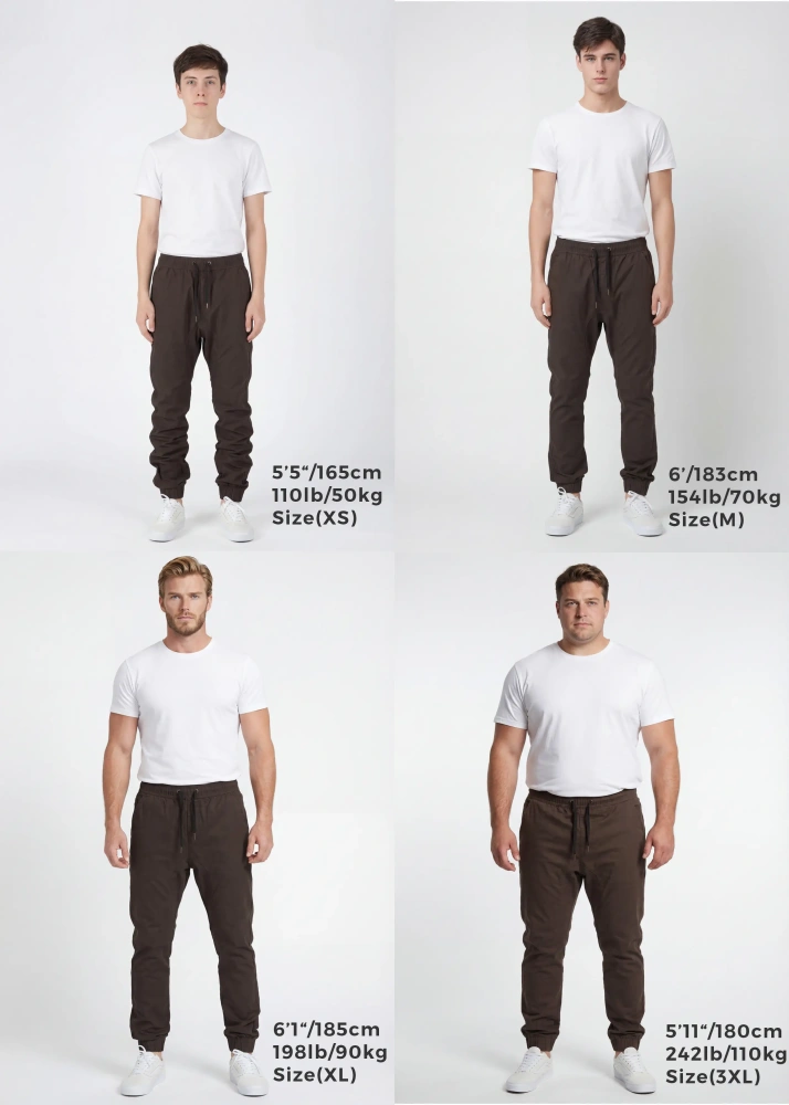 Size guide for ItalyMorn men's coffee brown jogger pants, showing four male models in sizes XS, M, XL, and 3XL to demonstrate the accurate slim fit for varying heights and body types