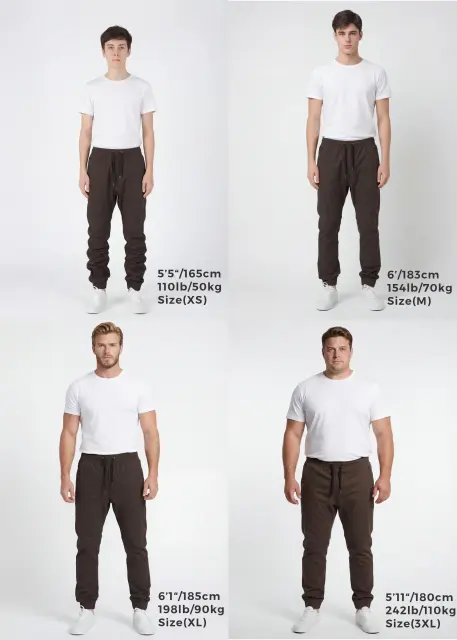 Size guide for ItalyMorn men's coffee brown jogger pants, showing four male models in sizes XS, M, XL, and 3XL to demonstrate the accurate slim fit for varying heights and body types