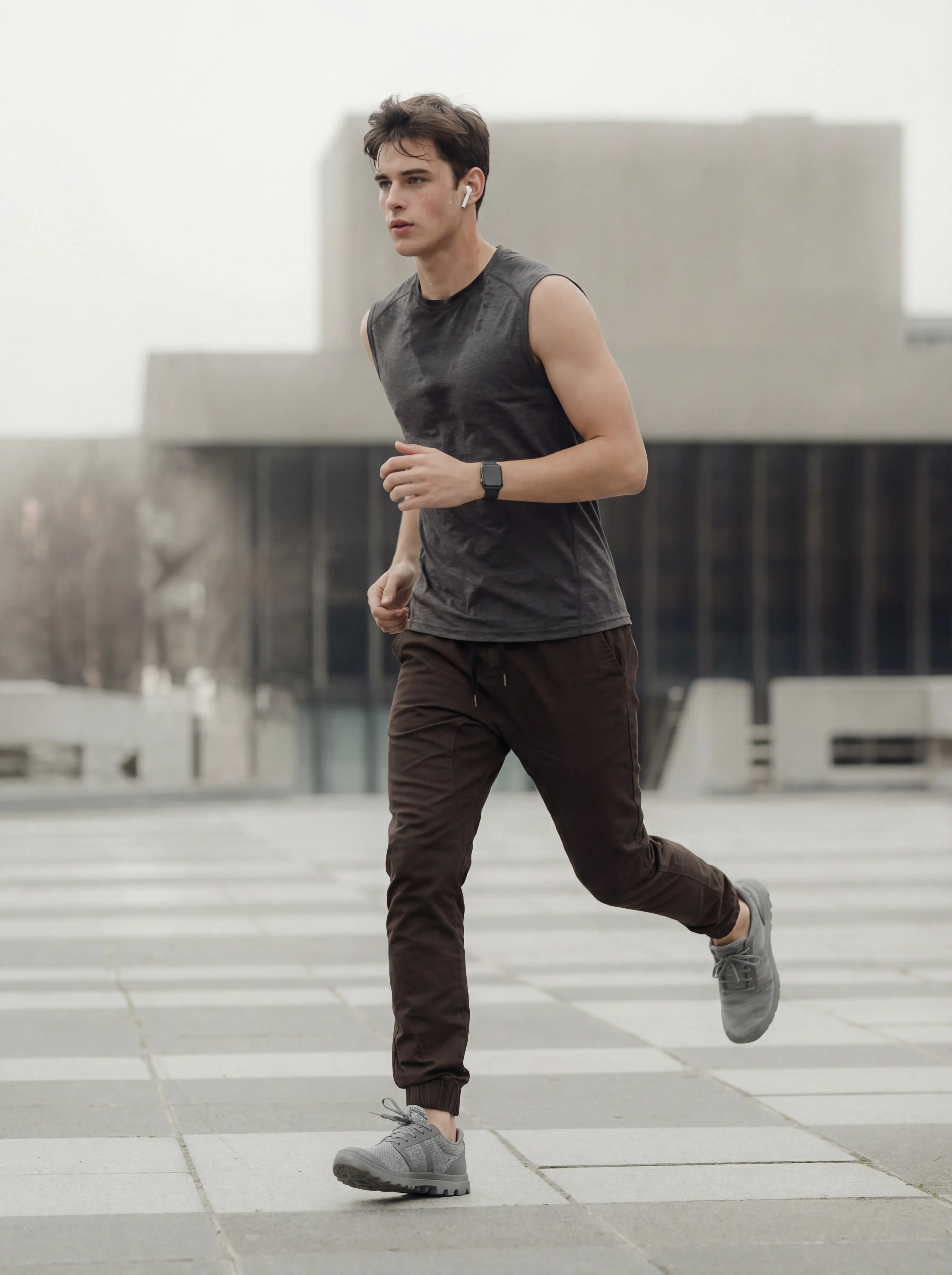 A young man jogging across a modern city plaza wearing ItalyMorn men's coffee brown jogger pants, showcasing the garment's breathable comfort and stretch for urban workouts