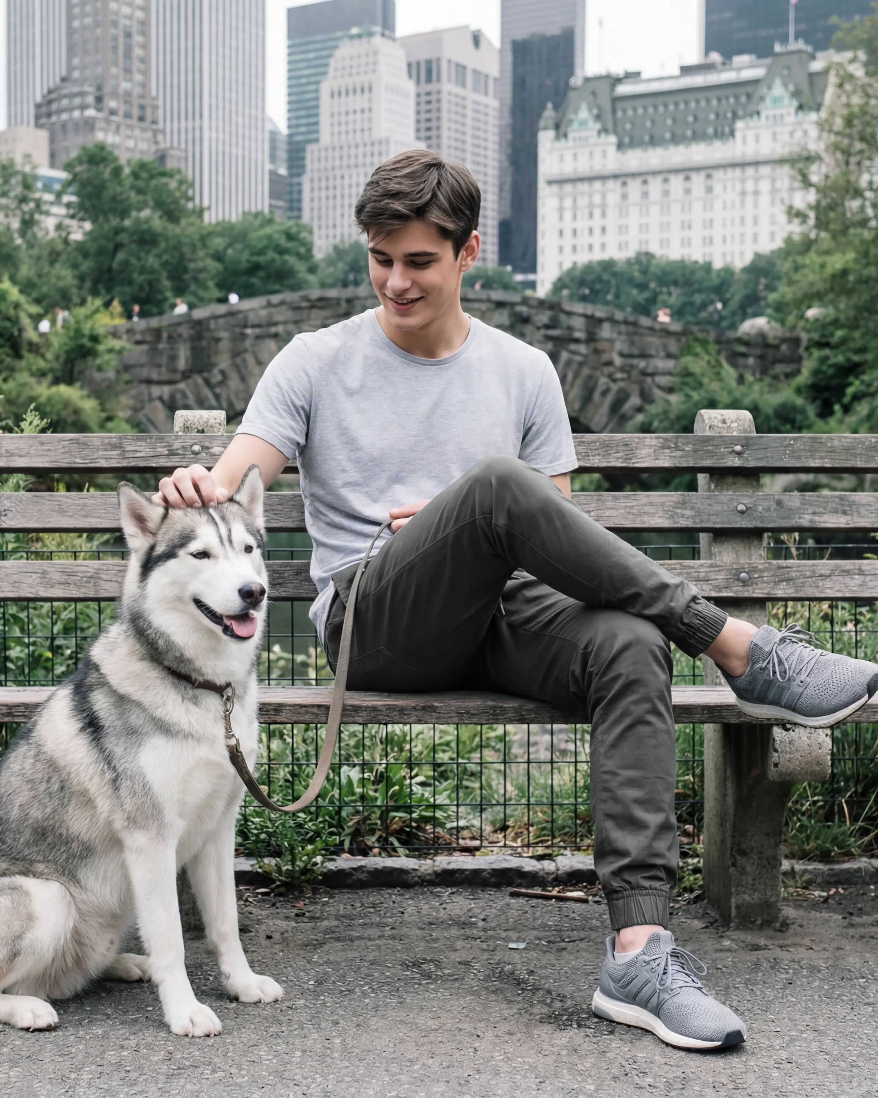  A man smiling and petting a husky dog while sitting on a park bench in front of a city skyline, wearing ItalyMorn men's dark grey green jogger pants, illustrating a stylish and relaxed everyday look