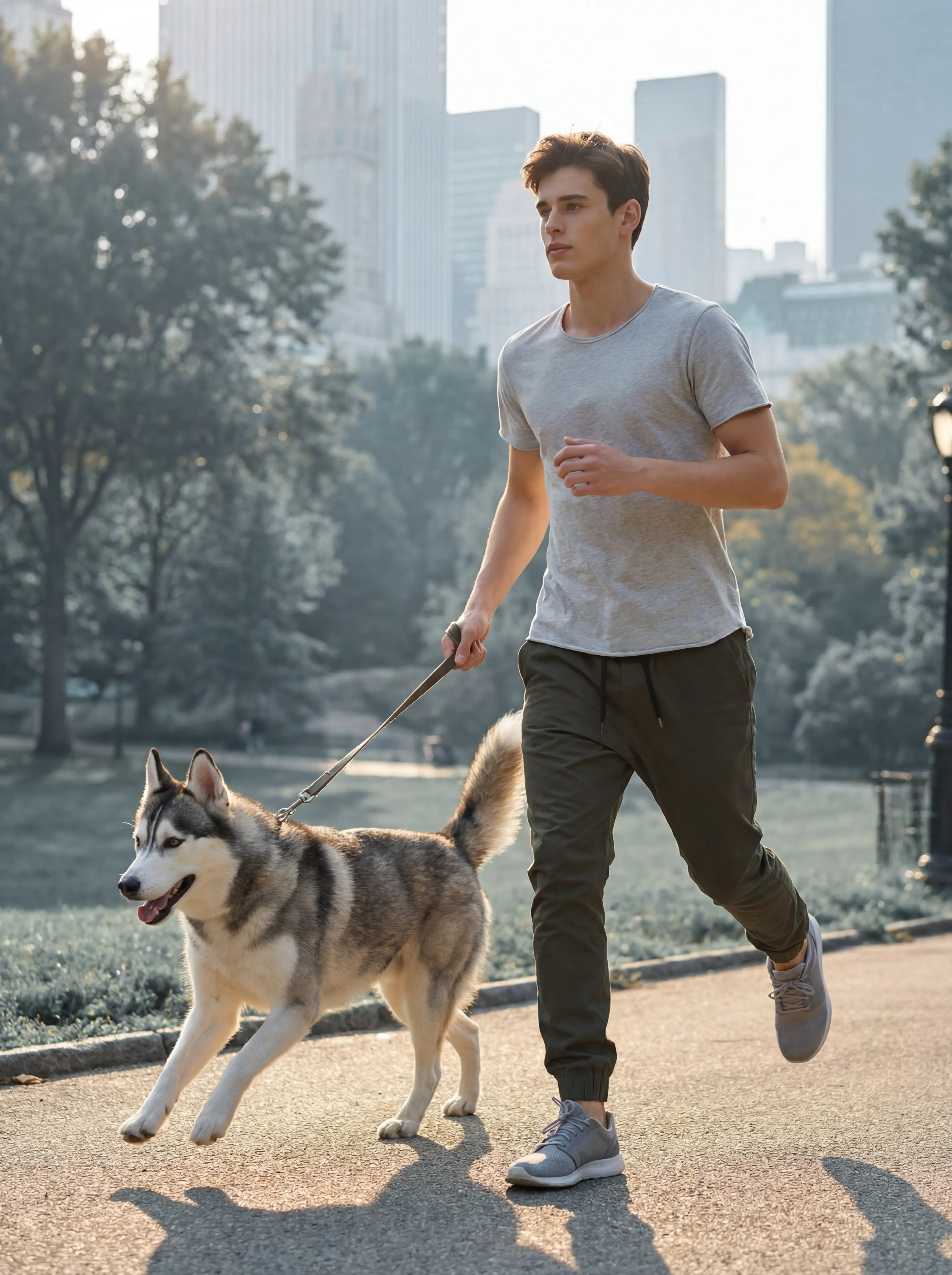 A young man jogging in a city park with a husky dog, wearing a light grey t-shirt and ItalyMorn men's dark grey green jogger pants, showcasing a comfortable and active lifestyle outfit
