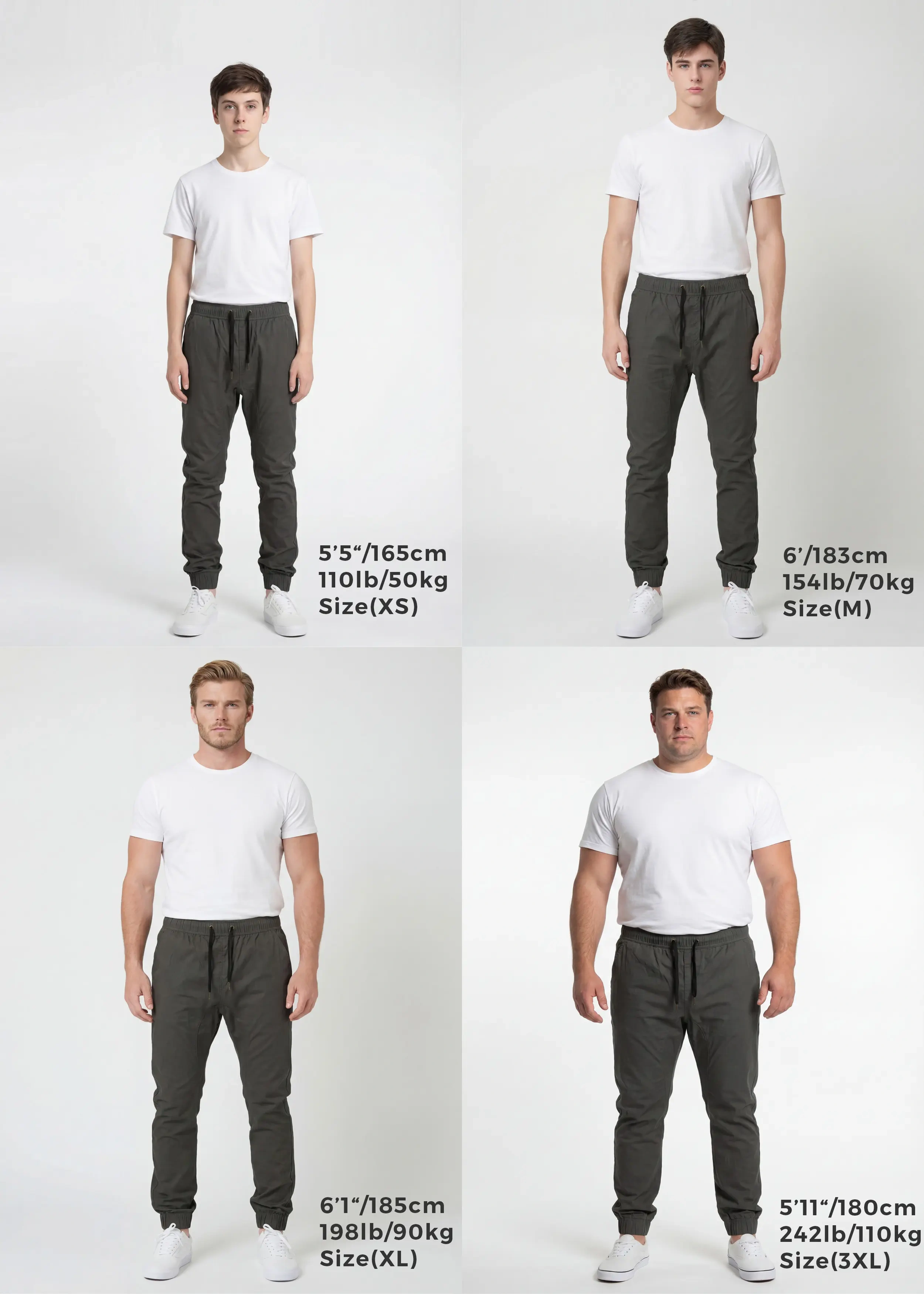  Size guide for ItalyMorn men's dark grey green jogger pants, showing four models in sizes XS, M, XL, and 3XL to provide an accurate representation of the fit for different body types and heights