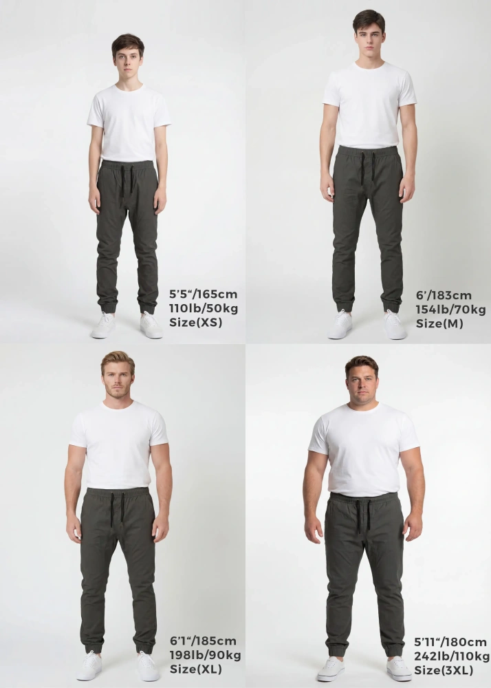  Size guide for ItalyMorn men's dark grey green jogger pants, showing four models in sizes XS, M, XL, and 3XL to provide an accurate representation of the fit for different body types and heights