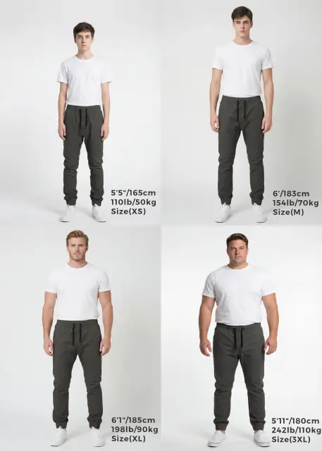  Size guide for ItalyMorn men's dark grey green jogger pants, showing four models in sizes XS, M, XL, and 3XL to provide an accurate representation of the fit for different body types and heights