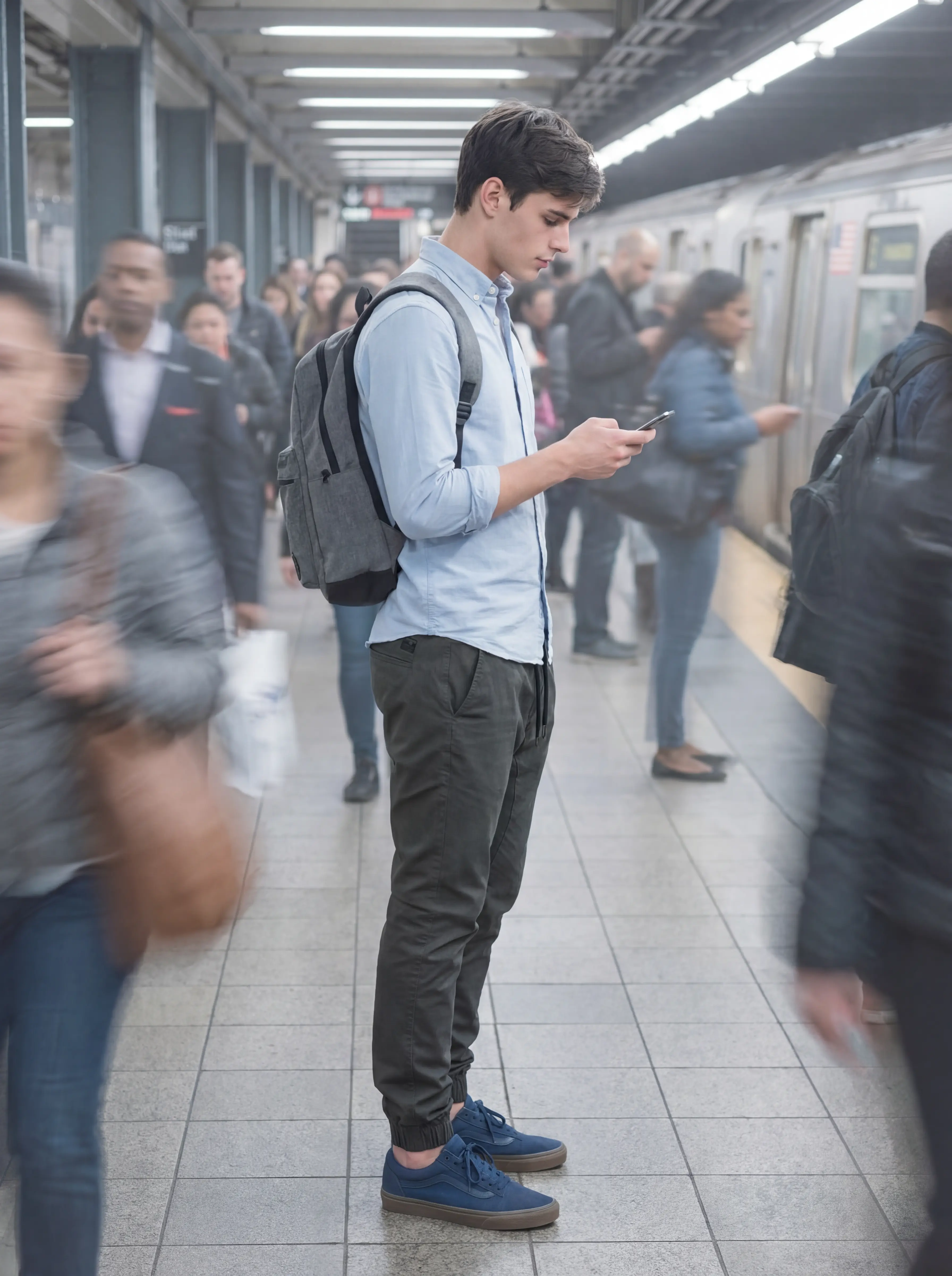 A young man standing on a busy subway platform looking at his phone, wearing a light blue button-down shirt, a backpack, and ItalyMorn men's dark grey green jogger pants, demonstrating a versatile and stylish urban commute outfit