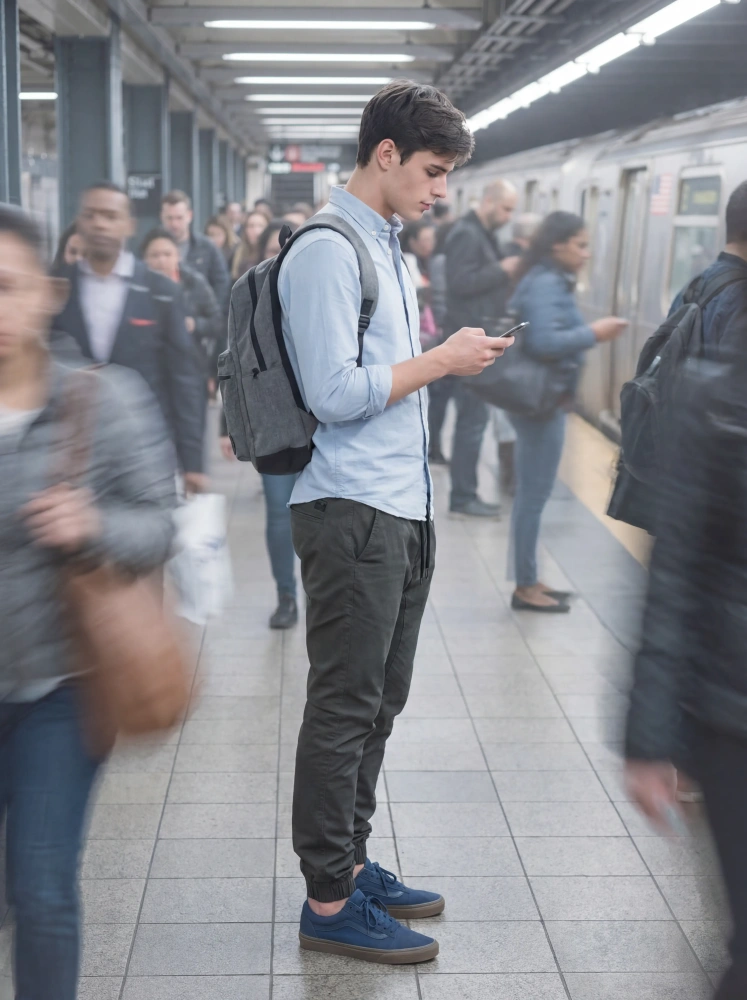 A young man standing on a busy subway platform looking at his phone, wearing a light blue button-down shirt, a backpack, and ItalyMorn men's dark grey green jogger pants, demonstrating a versatile and stylish urban commute outfit