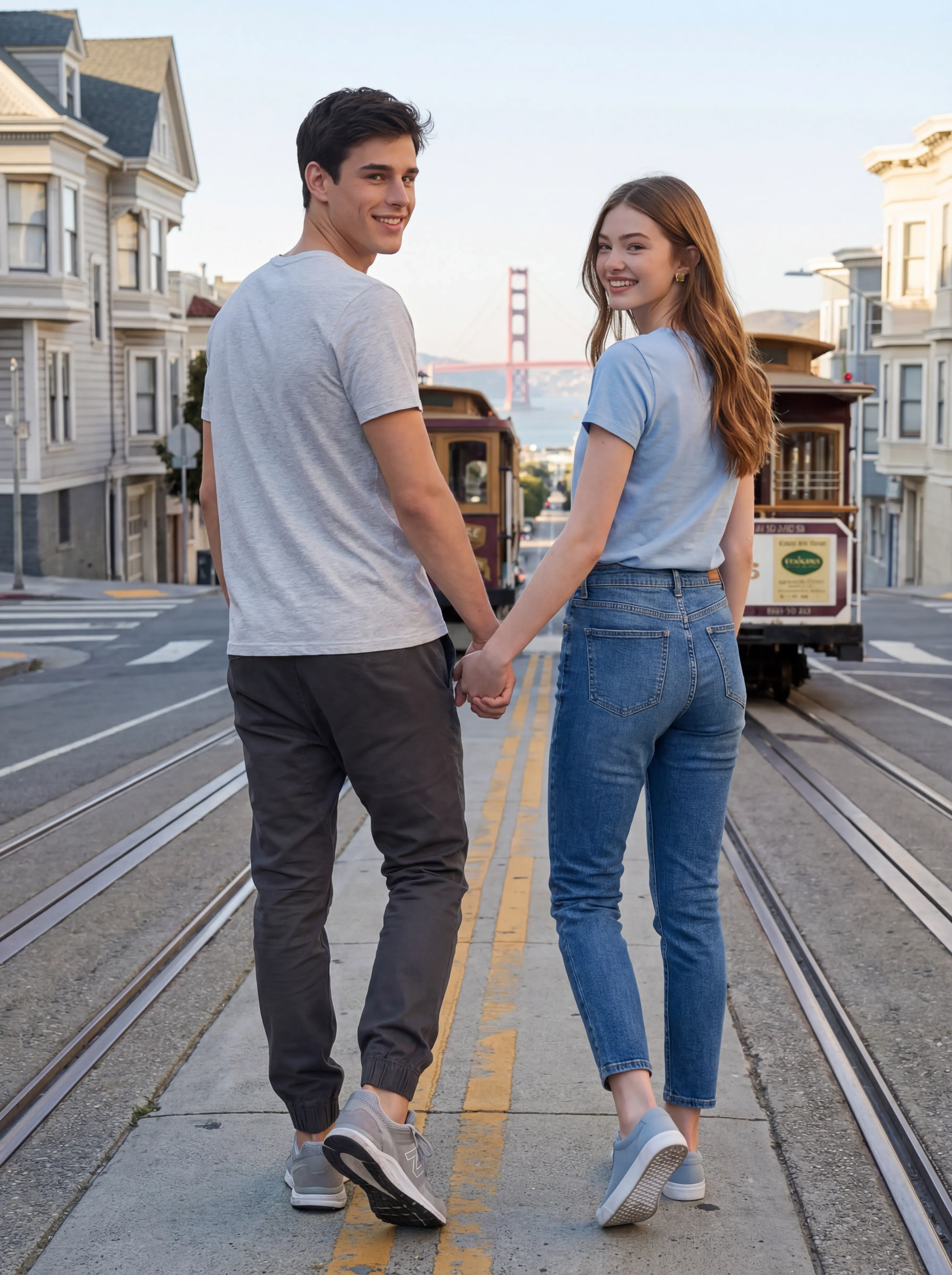 A young couple holding hands and looking back while standing on cable car tracks in San Francisco, with the man wearing a casual grey t-shirt and ItalyMorn men's dark grey jogger pants, illustrating a stylish look for city travel