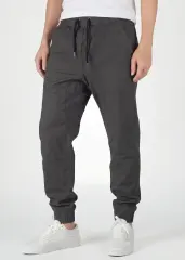  Front view detail of ItalyMorn men's dark grey jogger pants, featuring a comfortable elastic waistband with black drawstrings, deep angled side pockets, and a clean, slim-tapered fit
