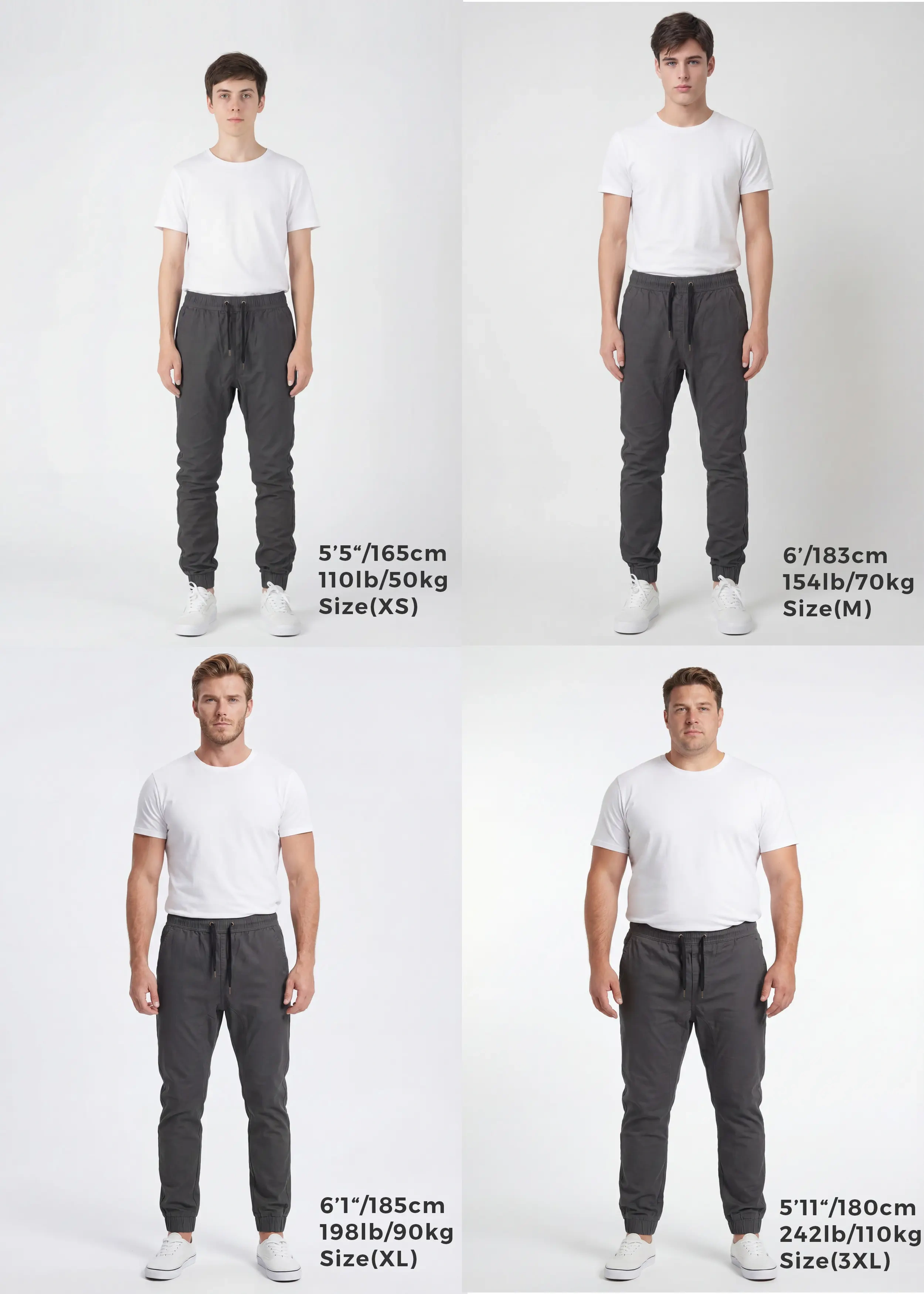 Size guide for ItalyMorn men's dark grey jogger pants, displaying four models wearing sizes XS, M, XL, and 3XL to clearly show the accurate fit across a range of body shapes and heights