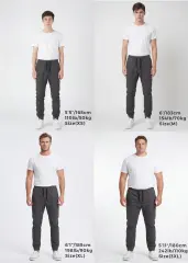  Size guide for ItalyMorn men's dark grey jogger pants, displaying four models wearing sizes XS, M, XL, and 3XL to clearly show the accurate fit across a range of body shapes and heights