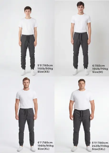  Size guide for ItalyMorn men's dark grey jogger pants, displaying four models wearing sizes XS, M, XL, and 3XL to clearly show the accurate fit across a range of body shapes and heights