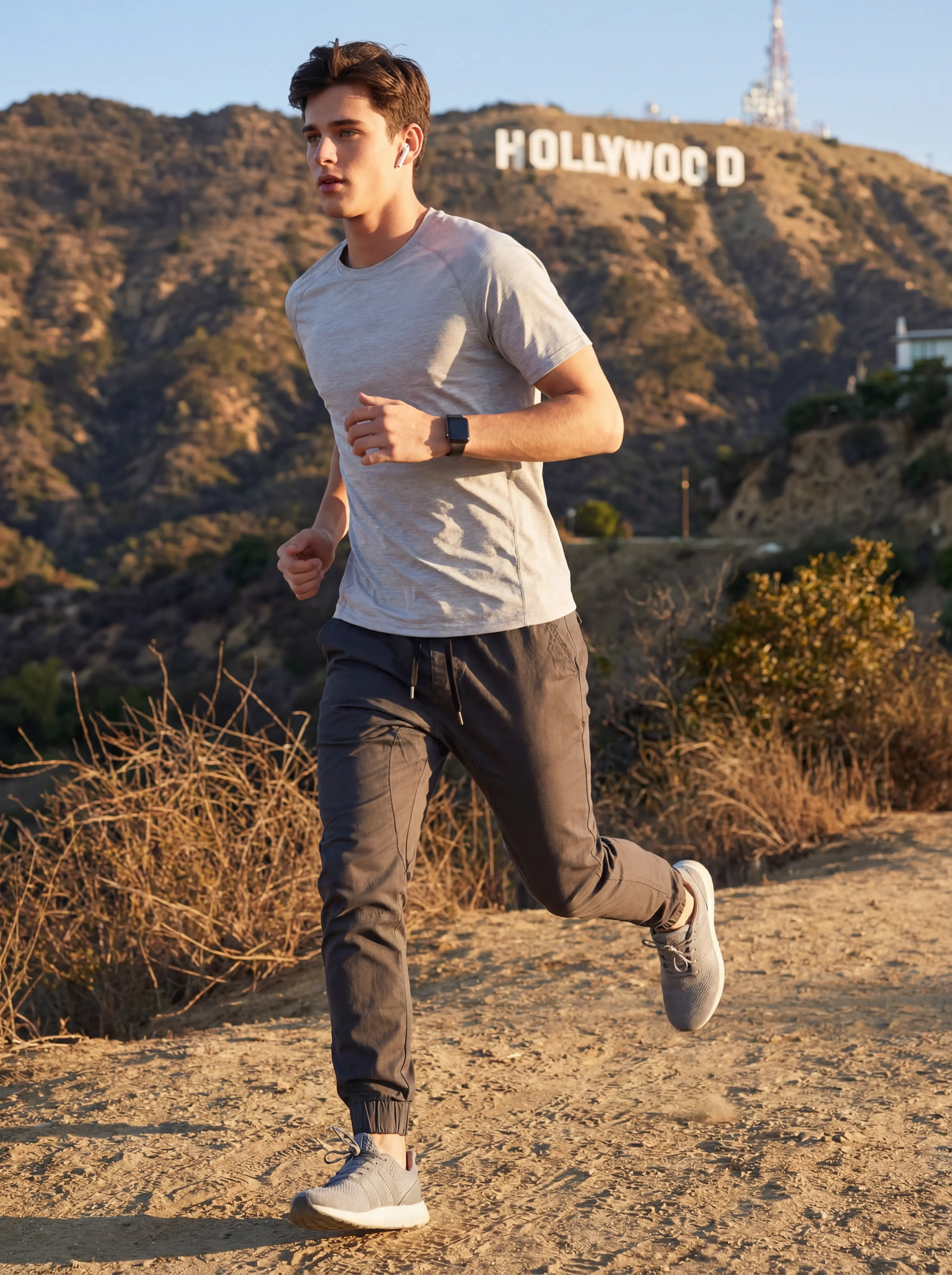 A young man trail running in the hills with the Hollywood sign in the background, wearing a light grey t-shirt and ItalyMorn men's dark grey jogger pants, demonstrating the pants' high flexibility for athletic performance