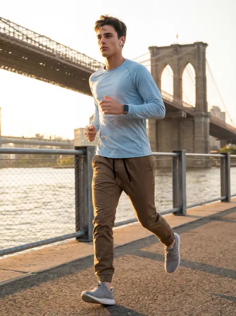  A full-body view of a male model running right beside the bridge, wearing the dark khaki jogger pants. The scene emphasizes movement and outdoor activity, paired with a white t-shirt and grey sneakers