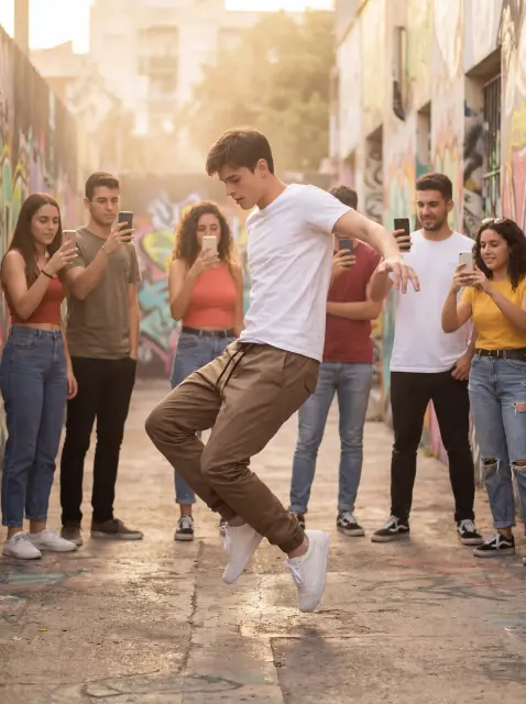 A model wearing the dark khaki jogger pants, white t-shirt, with some friends, dancing in the street. The youthful energy radiating from the young students' faces highlights the versatility of these streetwear