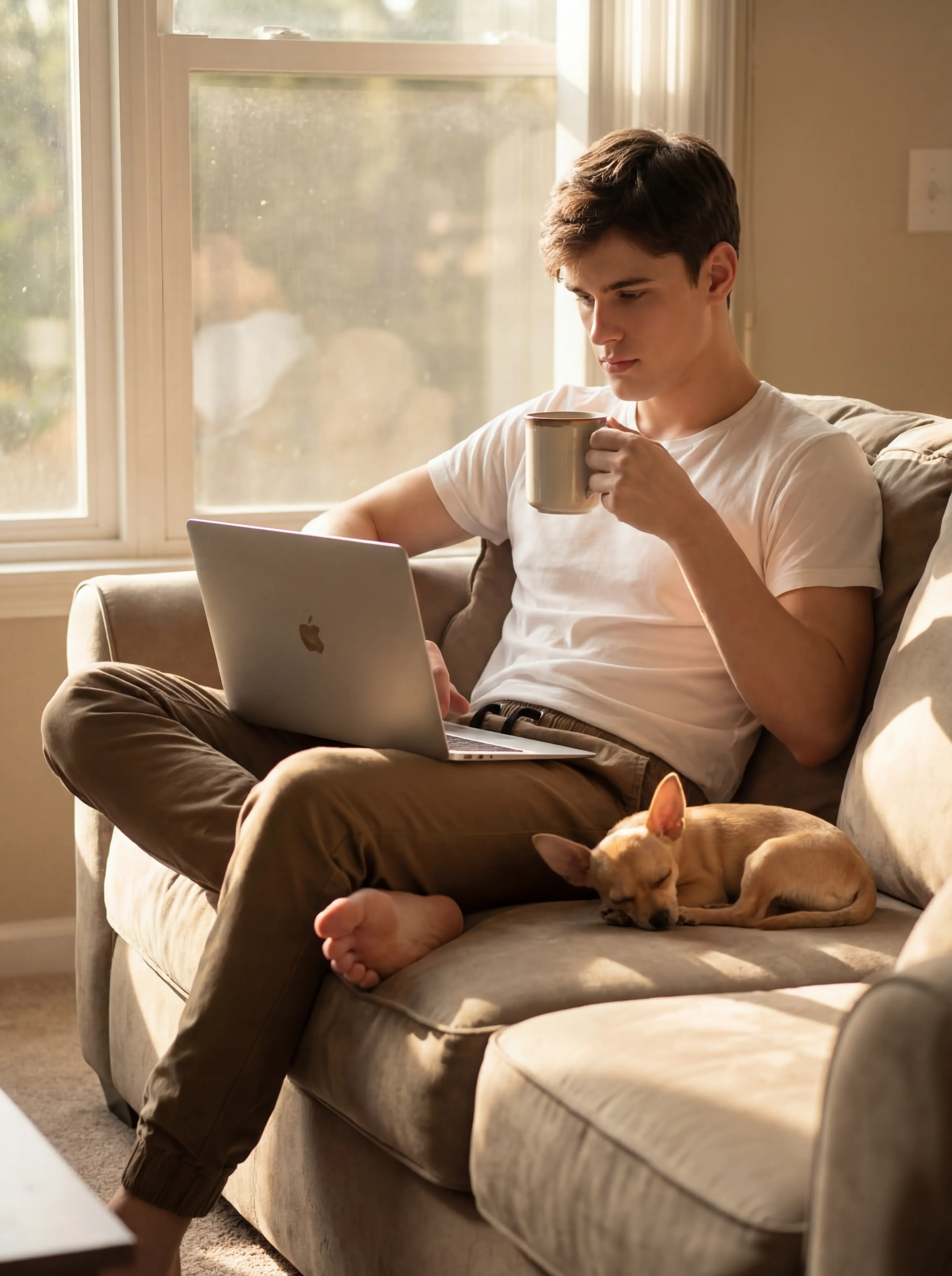 A young male in a white t-shirt and the dark khaki jogger pants, sitting on a couch while looking at his laptop. The gentle sunlight and a cup of coffee transit environment are visible, showing the joggers in a leisure, everyday use