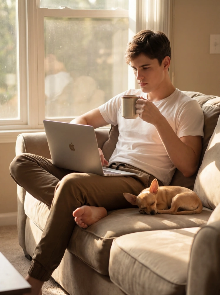 A young male in a white t-shirt and the dark khaki jogger pants, sitting on a couch while looking at his laptop. The gentle sunlight and a cup of coffee transit environment are visible, showing the joggers in a leisure, everyday use