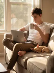 A young male in a white t-shirt and the dark khaki jogger pants, sitting on a couch while looking at his laptop. The gentle sunlight and a cup of coffee transit environment are visible, showing the joggers in a leisure, everyday use