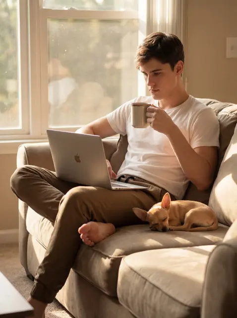 A young male in a white t-shirt and the dark khaki jogger pants, sitting on a couch while looking at his laptop. The gentle sunlight and a cup of coffee transit environment are visible, showing the joggers in a leisure, everyday use