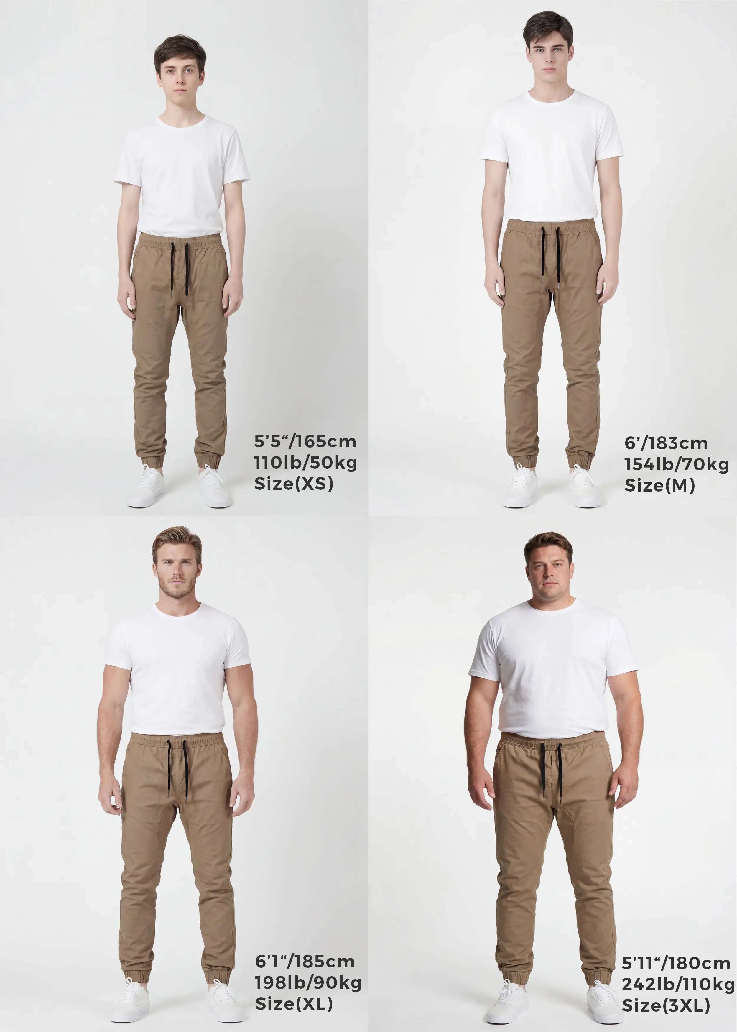  Size guide for ItalyMorn men's dark khaki jogger pants, featuring four diverse male models of different heights (5'5", 6', 6'1", 5'11"), weights (110lb, 154lb, 198lb, 242lb), and sizes (XS, M, XL, 3XL), each wearing the dark khaki joggers with a white t-shirt and sneakers against a clean white studio background. Text below each model specifies height, weight, and size