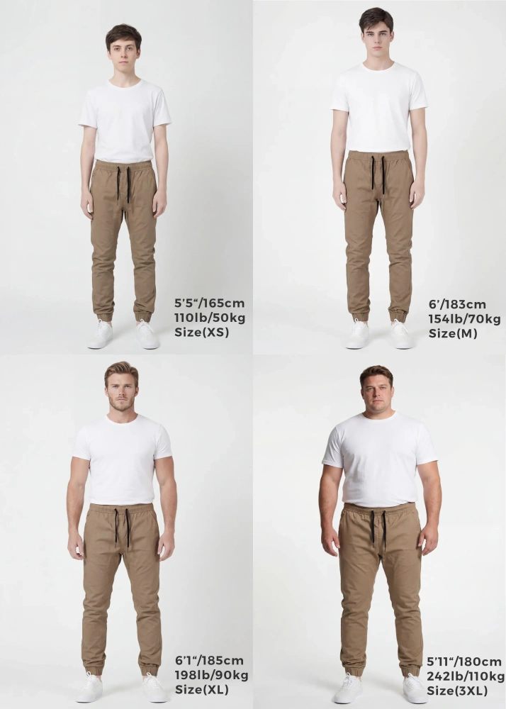  Size guide for ItalyMorn men's dark khaki jogger pants, featuring four diverse male models of different heights (5'5", 6', 6'1", 5'11"), weights (110lb, 154lb, 198lb, 242lb), and sizes (XS, M, XL, 3XL), each wearing the dark khaki joggers with a white t-shirt and sneakers against a clean white studio background. Text below each model specifies height, weight, and size