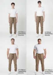  Size guide for ItalyMorn men's dark khaki jogger pants, featuring four diverse male models of different heights (5'5", 6', 6'1", 5'11"), weights (110lb, 154lb, 198lb, 242lb), and sizes (XS, M, XL, 3XL), each wearing the dark khaki joggers with a white t-shirt and sneakers against a clean white studio background. Text below each model specifies height, weight, and size
