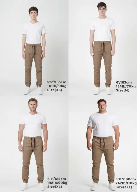  Size guide for ItalyMorn men's dark khaki jogger pants, featuring four diverse male models of different heights (5'5", 6', 6'1", 5'11"), weights (110lb, 154lb, 198lb, 242lb), and sizes (XS, M, XL, 3XL), each wearing the dark khaki joggers with a white t-shirt and sneakers against a clean white studio background. Text below each model specifies height, weight, and size