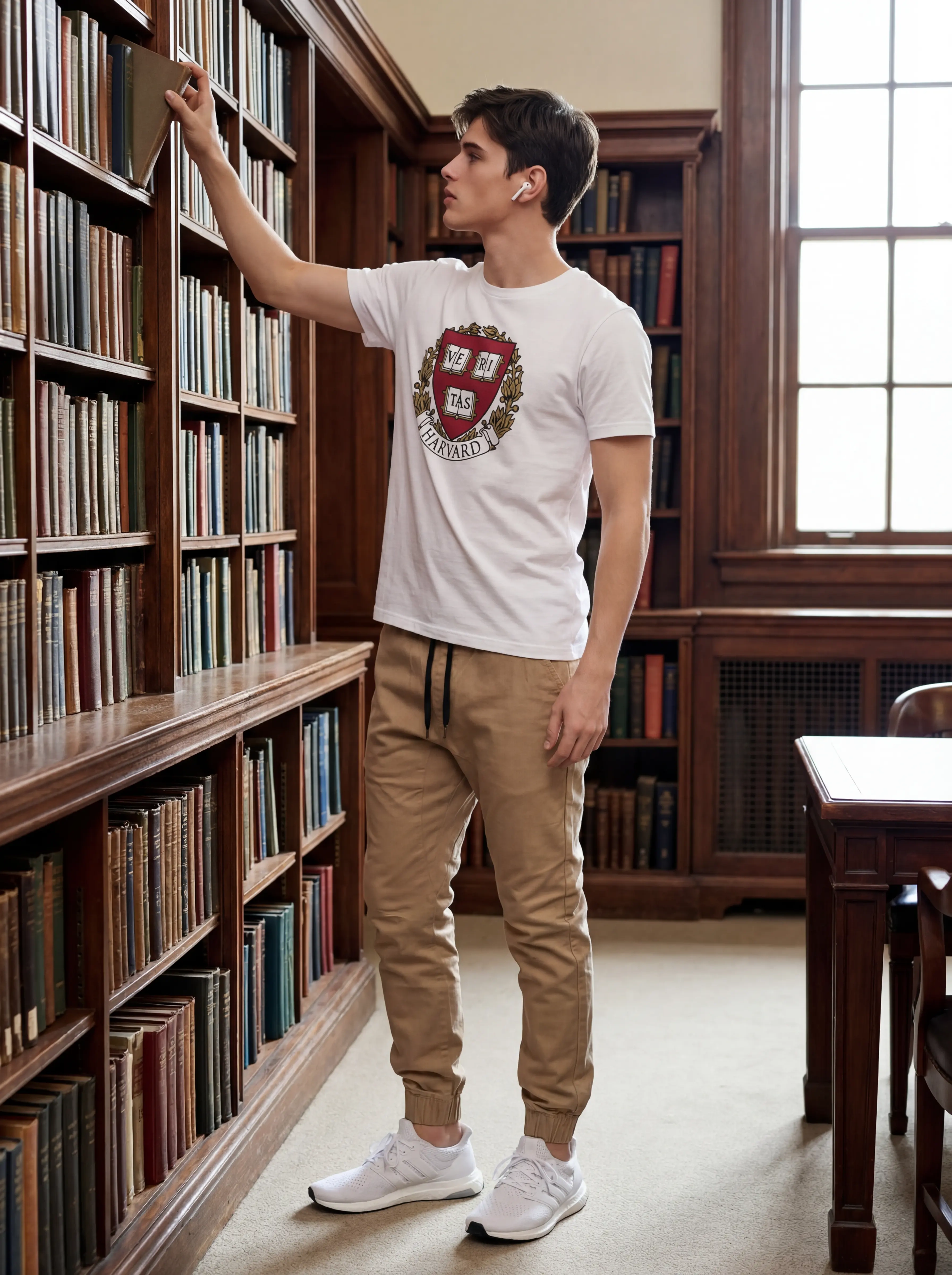 A male model in a white t-shirt and the khaki jogger pants, standing in a library looking at a book. The setting shows the joggers in a smart-casual, everyday environment.