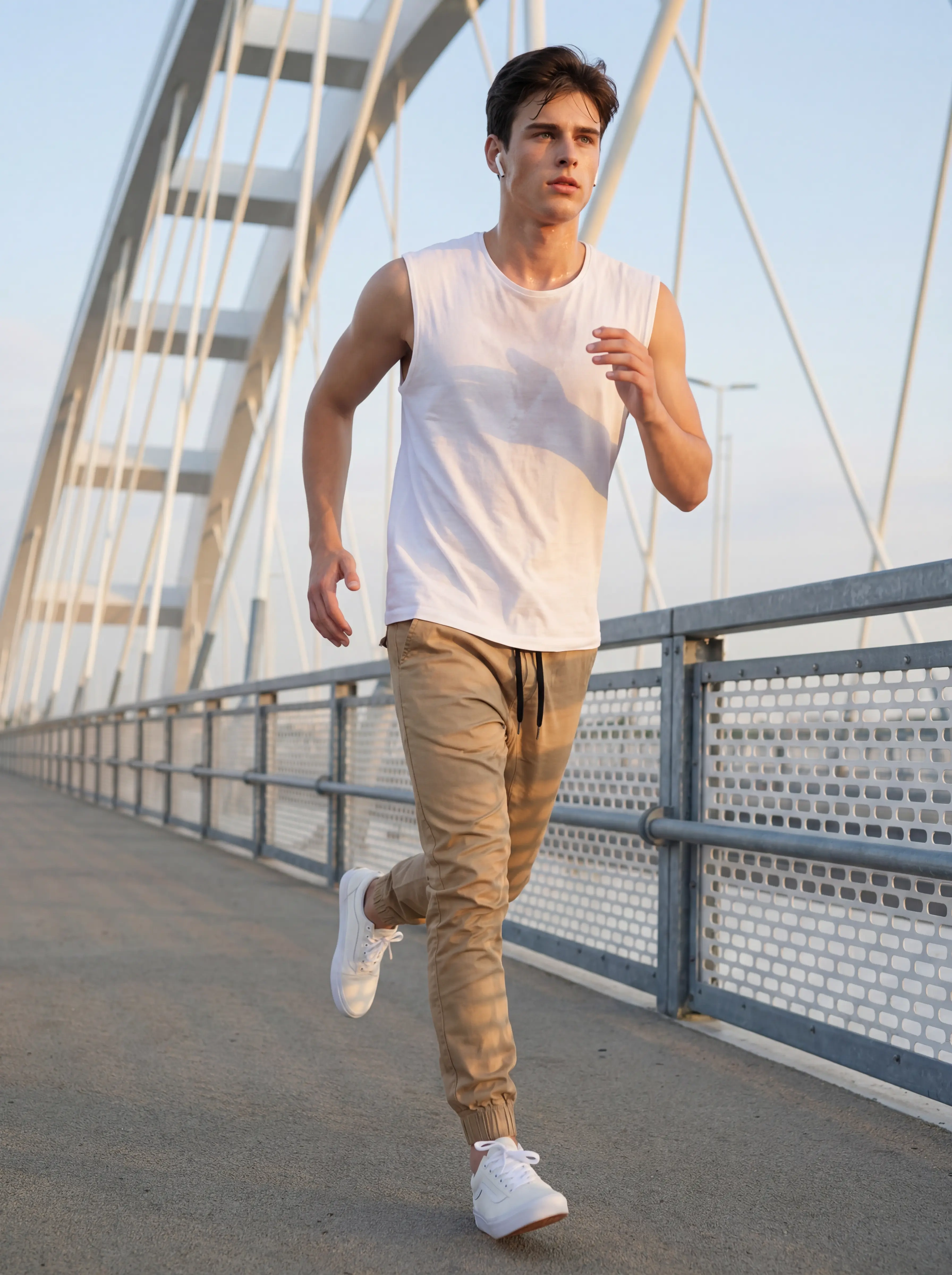 A full-body view of a male model running across a white bridge, wearing the khaki jogger pants. The scene emphasizes movement and active lifestyle, paired with a white sleeveless top and white sneakers.