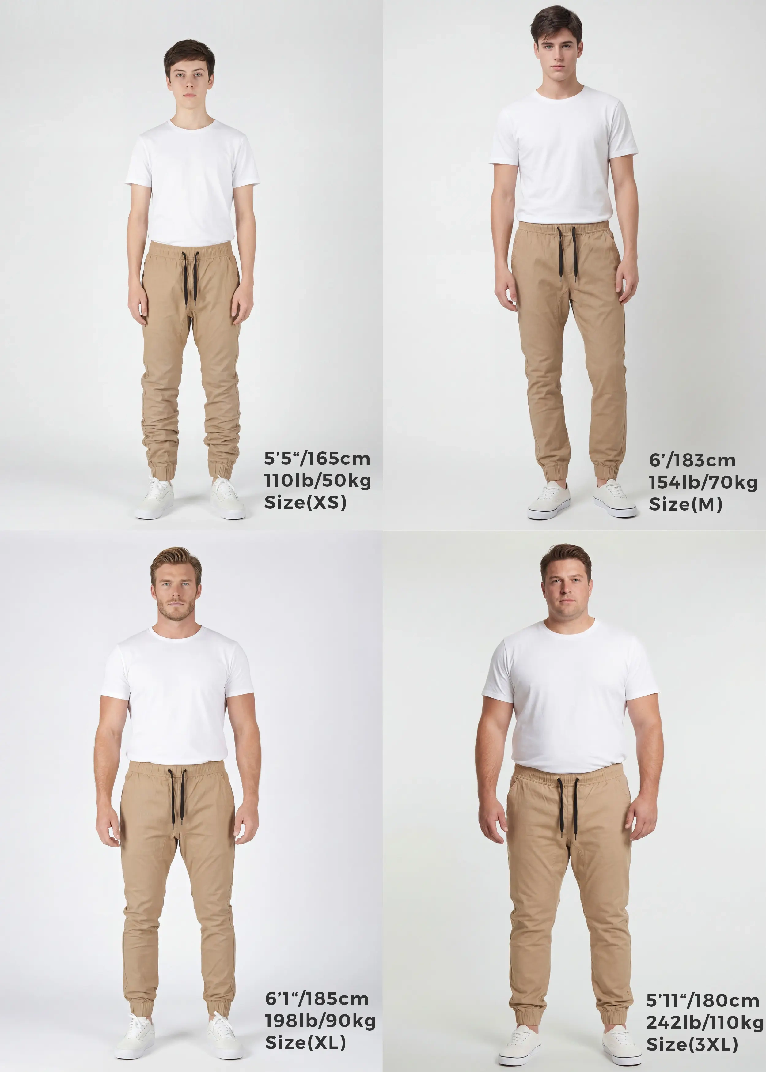 Size guide for ItalyMorn men's classic khaki jogger pants, featuring four diverse male models of different heights (5'5", 6', 6'1", 5'11"), weights (110lb, 154lb, 198lb, 242lb), and sizes (XS, M, XL, 3XL), each wearing the khaki joggers with a white t-shirt and sneakers against a clean white studio background. Text below each model specifies height, weight, and size.