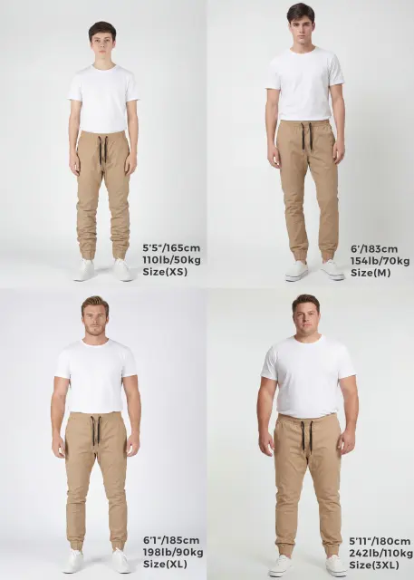 Size guide for ItalyMorn men's classic khaki jogger pants, featuring four diverse male models of different heights (5'5", 6', 6'1", 5'11"), weights (110lb, 154lb, 198lb, 242lb), and sizes (XS, M, XL, 3XL), each wearing the khaki joggers with a white t-shirt and sneakers against a clean white studio background. Text below each model specifies height, weight, and size.