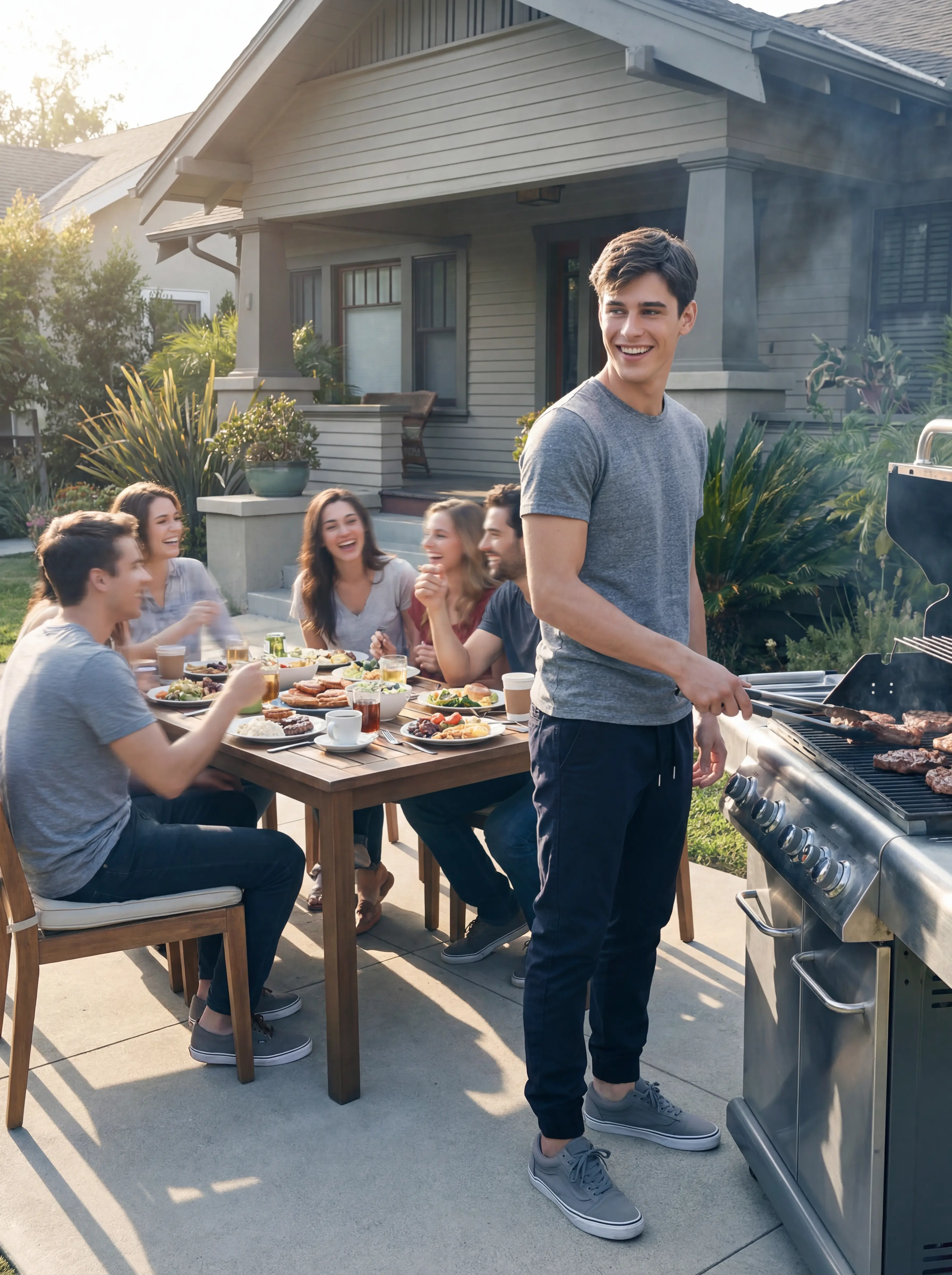 A man smiling while grilling at a backyard BBQ with friends, wearing a casual grey t-shirt and ItalyMorn men's navy blue jogger pants, showcasing a comfortable and versatile look for social weekend gatherings