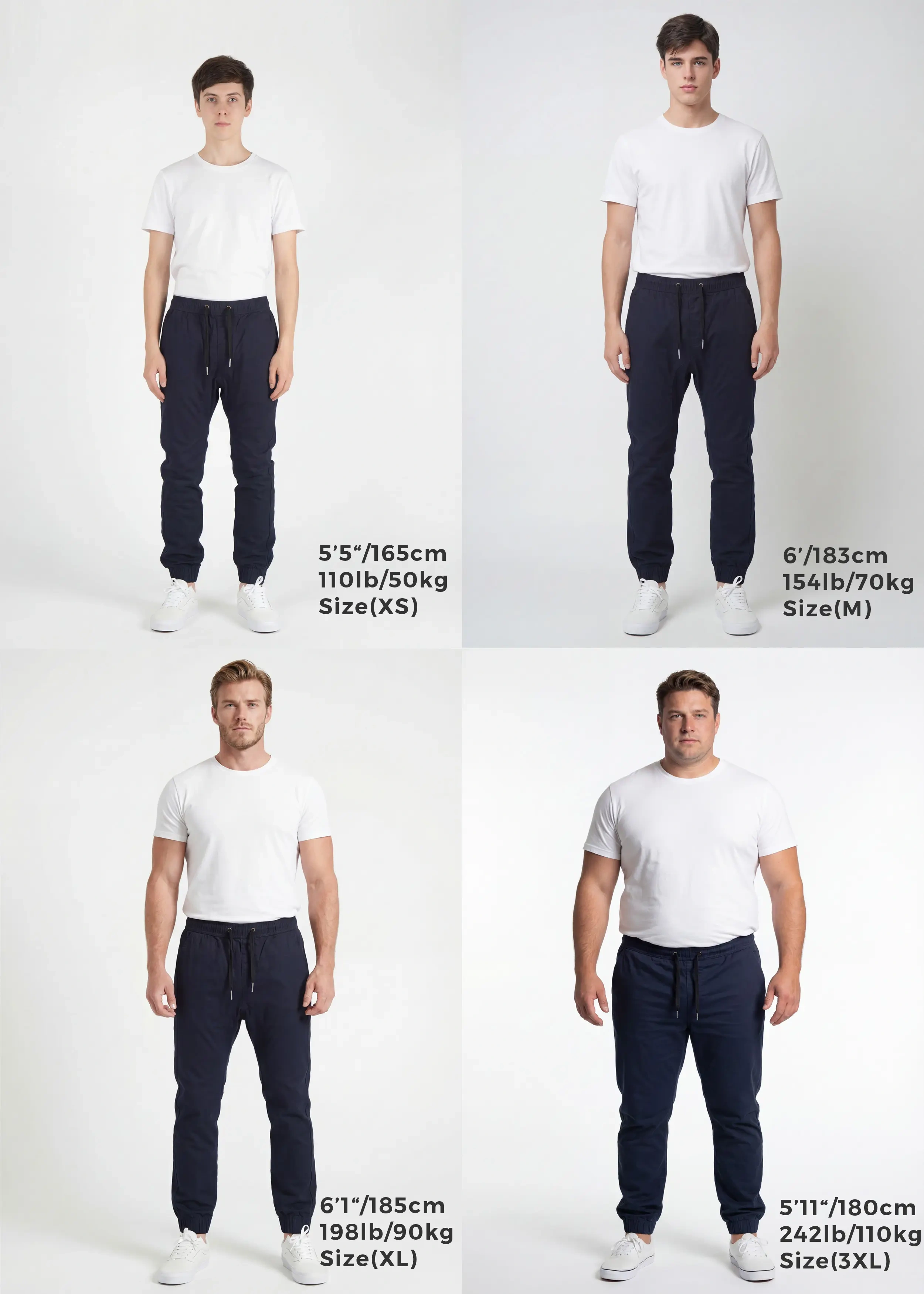  Size guide for ItalyMorn men's navy blue jogger pants, featuring four models in sizes XS, M, XL, and 3XL to showcase the accurate and flattering fit across various body types