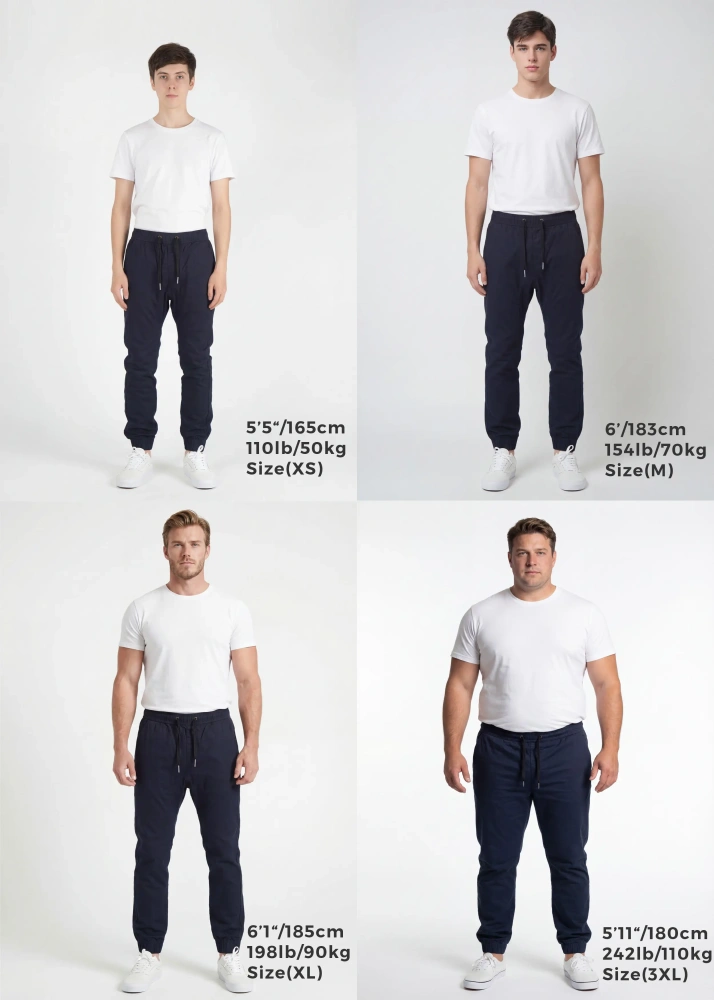  Size guide for ItalyMorn men's navy blue jogger pants, featuring four models in sizes XS, M, XL, and 3XL to showcase the accurate and flattering fit across various body types