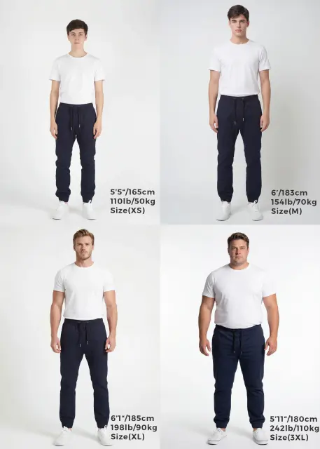  Size guide for ItalyMorn men's navy blue jogger pants, featuring four models in sizes XS, M, XL, and 3XL to showcase the accurate and flattering fit across various body types