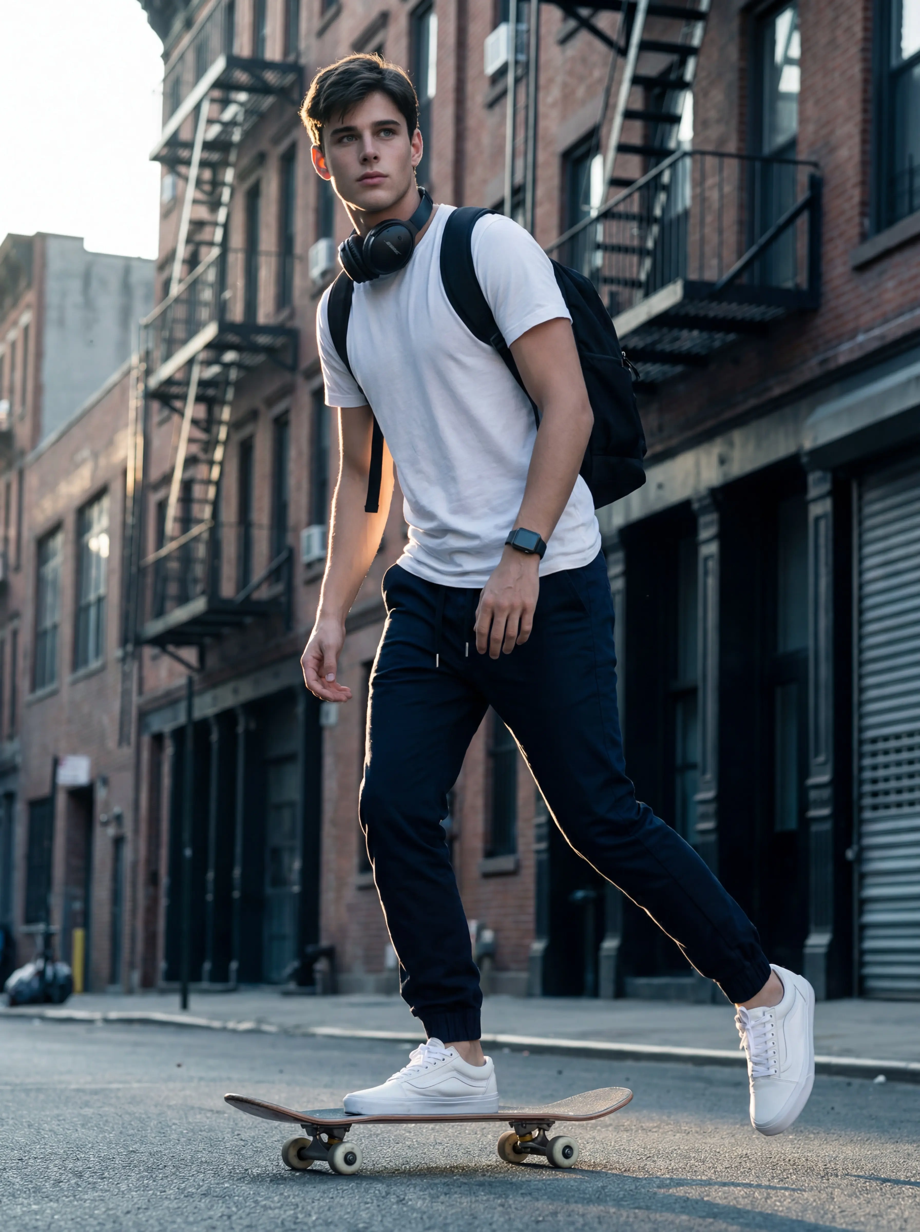 A young man skateboarding down a city street in golden hour light wearing a white t-shirt and ItalyMorn men's navy blue jogger pants, illustrating a stylish and durable outfit for urban street culture
